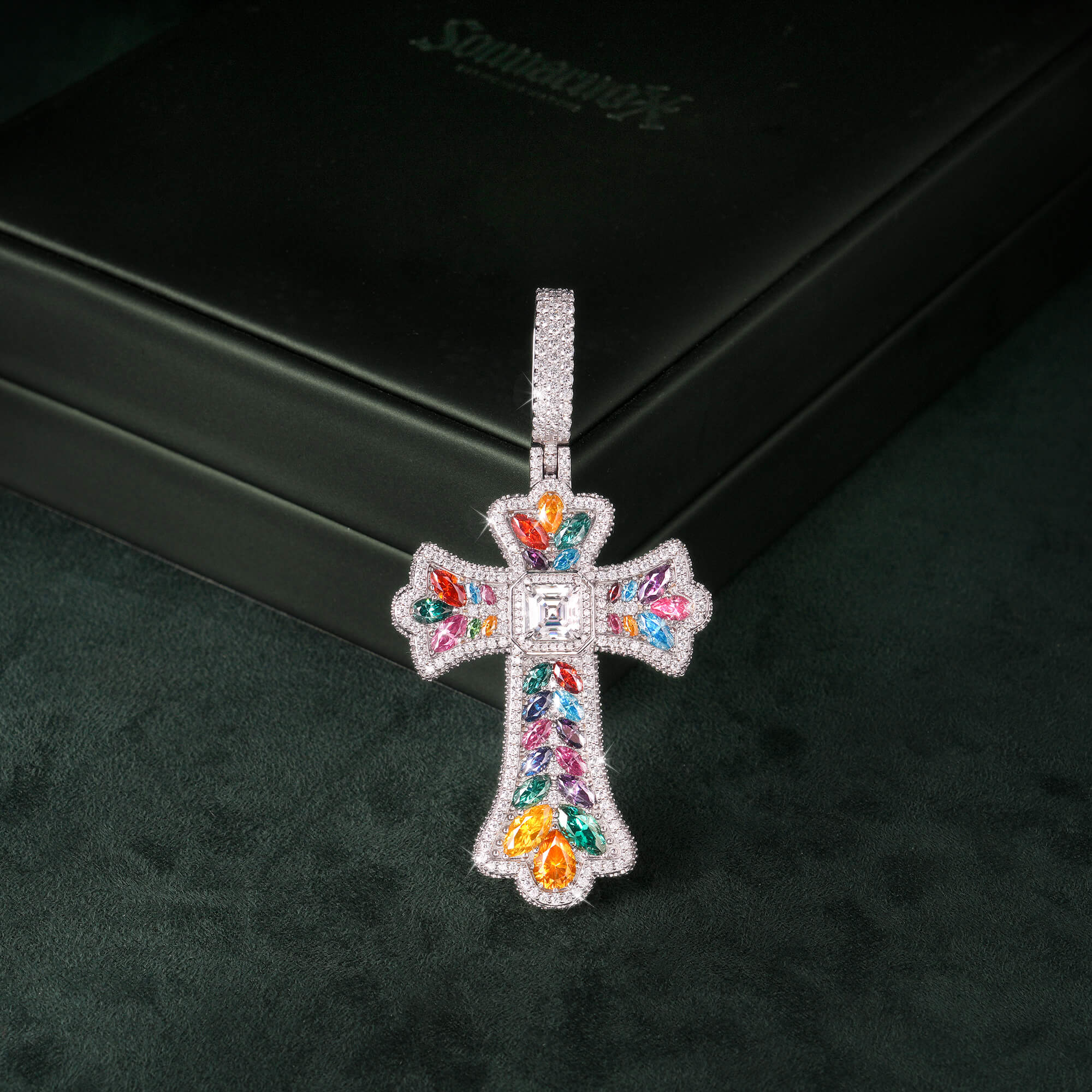 Moissanite Rainbow Halo Floral Cross Pendant – alternate product view 2