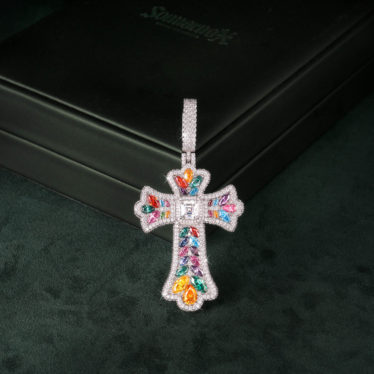 Moissanite Rainbow Halo Floral Cross Pendant – alternate product view 2