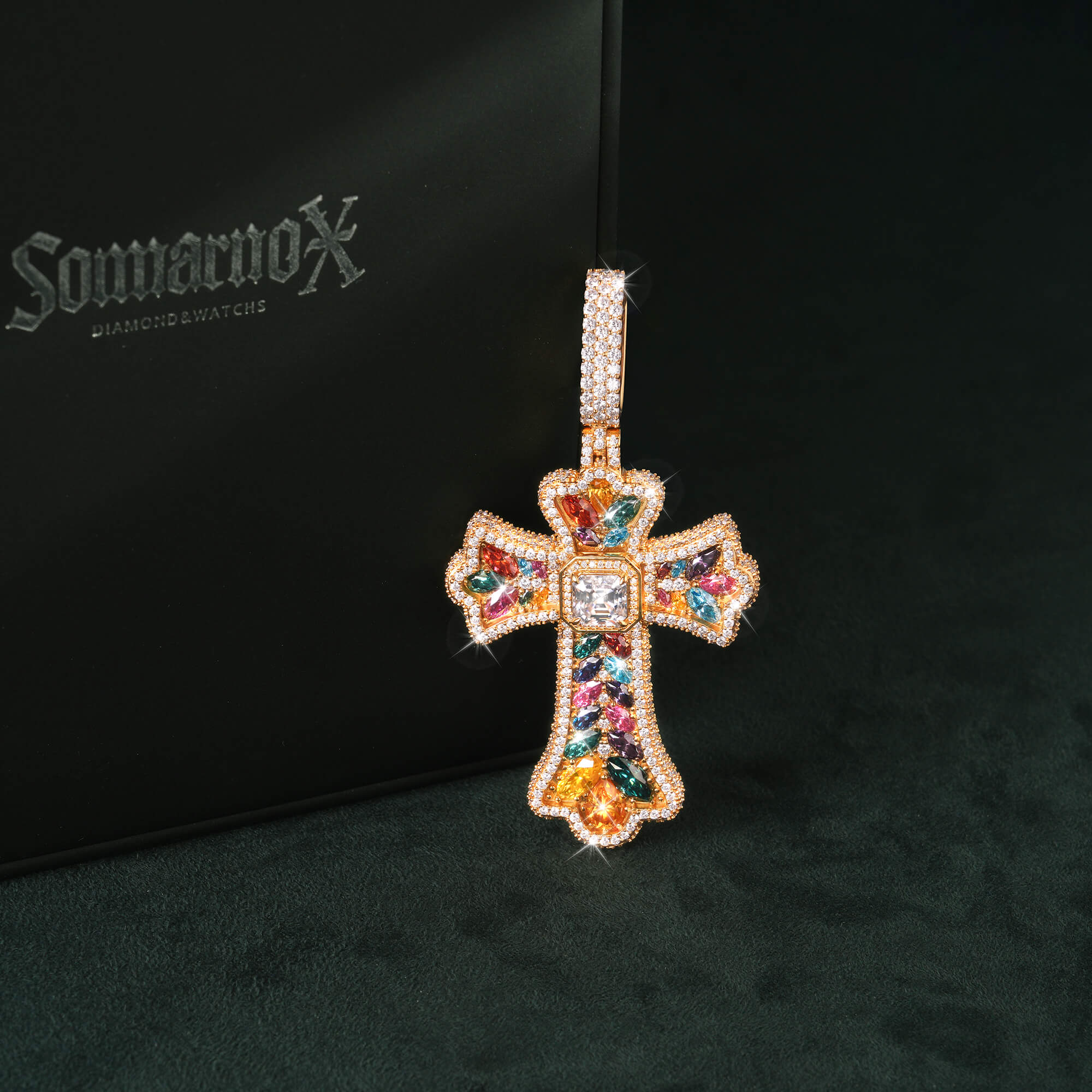 Moissanite Rainbow Halo Floral Cross Pendant – alternate product view 9