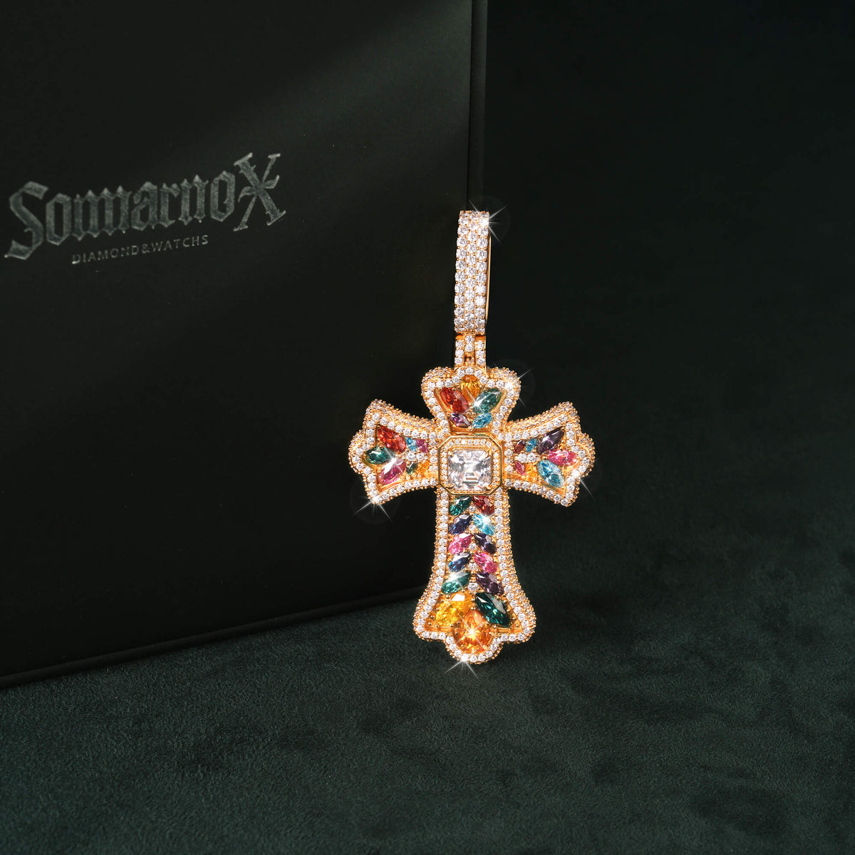 Moissanite Rainbow Halo Floral Cross Pendant – alternate product view 9