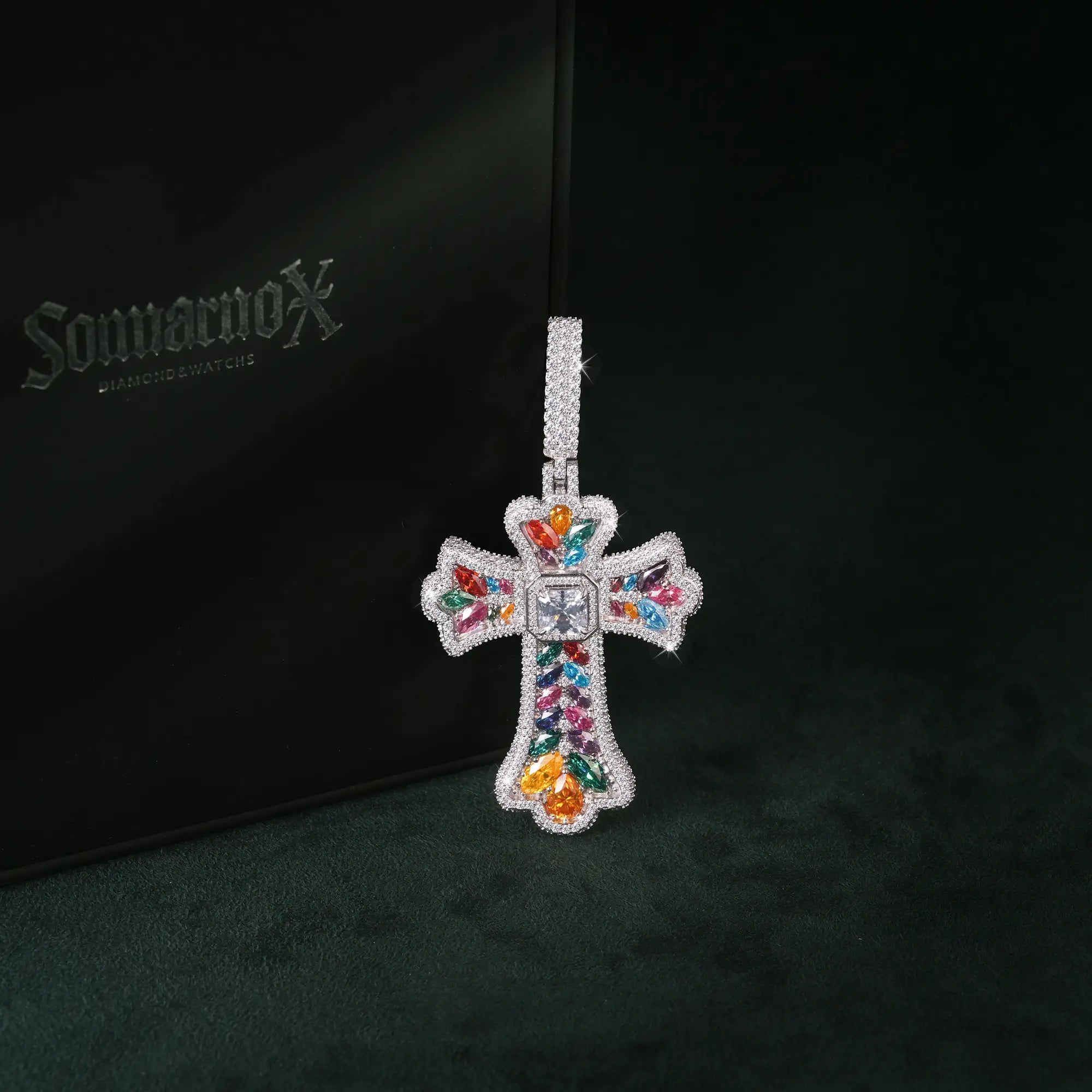 Moissanite Rainbow Halo Floral Cross Pendant – alternate product view 3