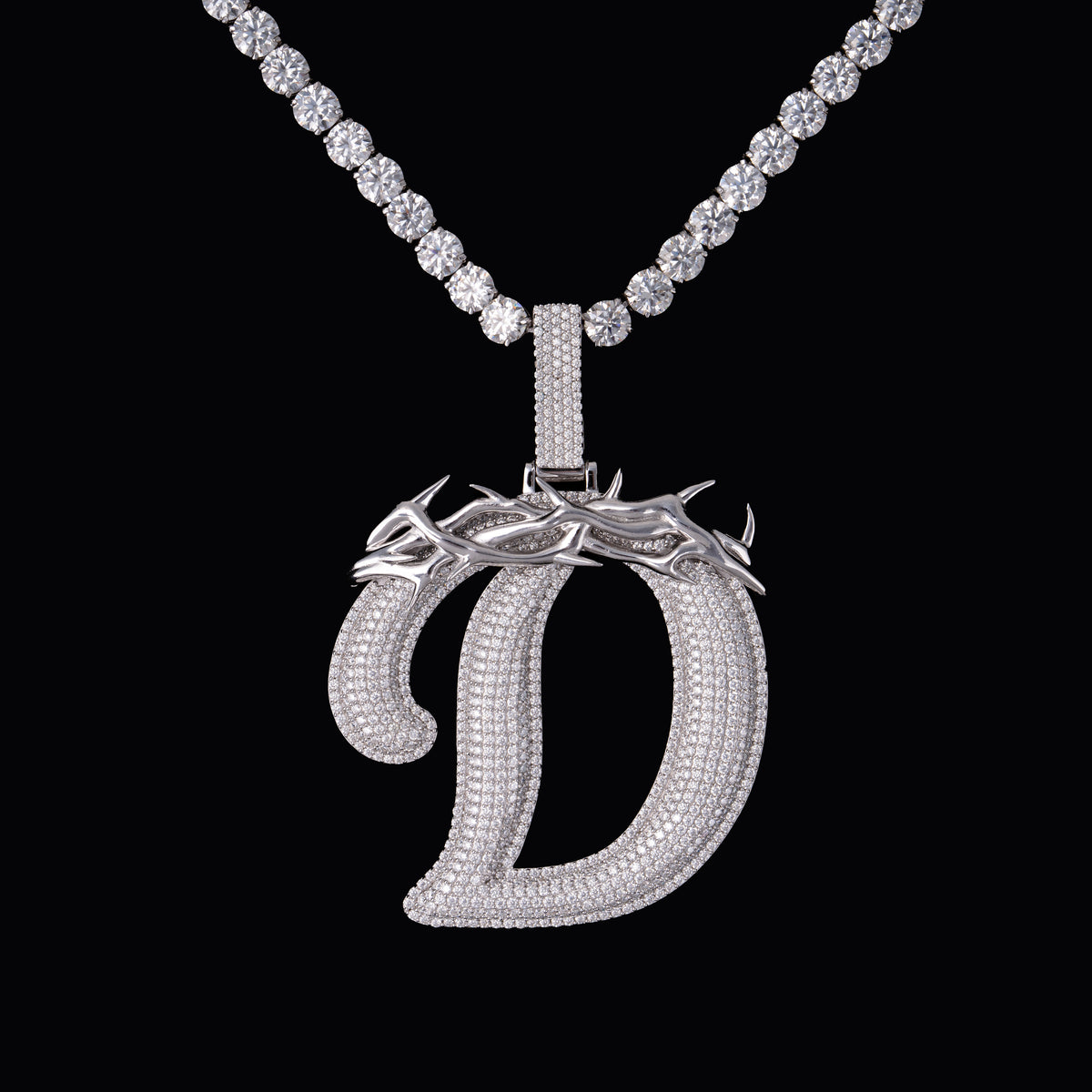 Iced Out Letter D Q Pendant – Moissanite Thorn Initial Charm – alternate product view 5