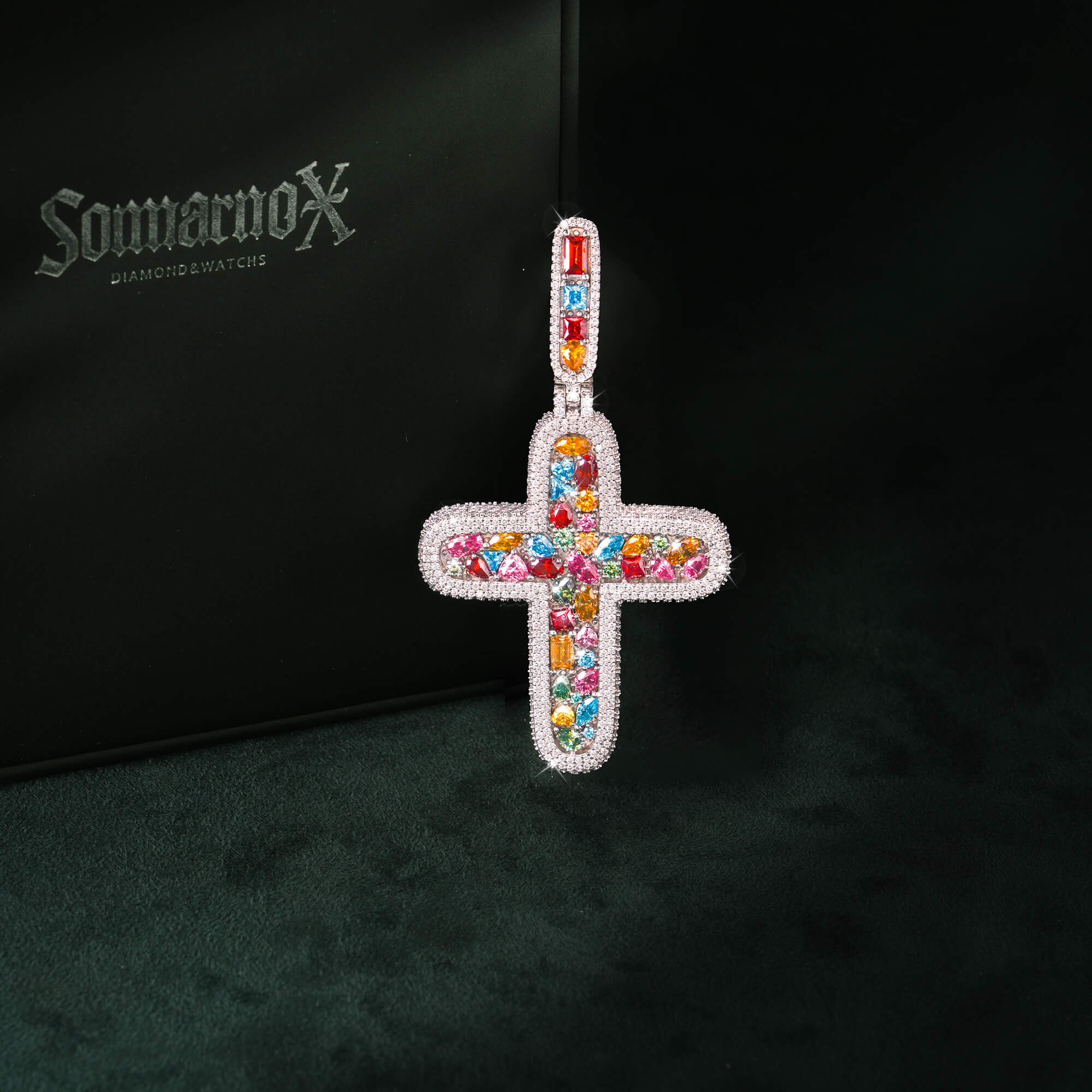 Moissanite Rainbow Halo Cross Pendant – alternate product view 3