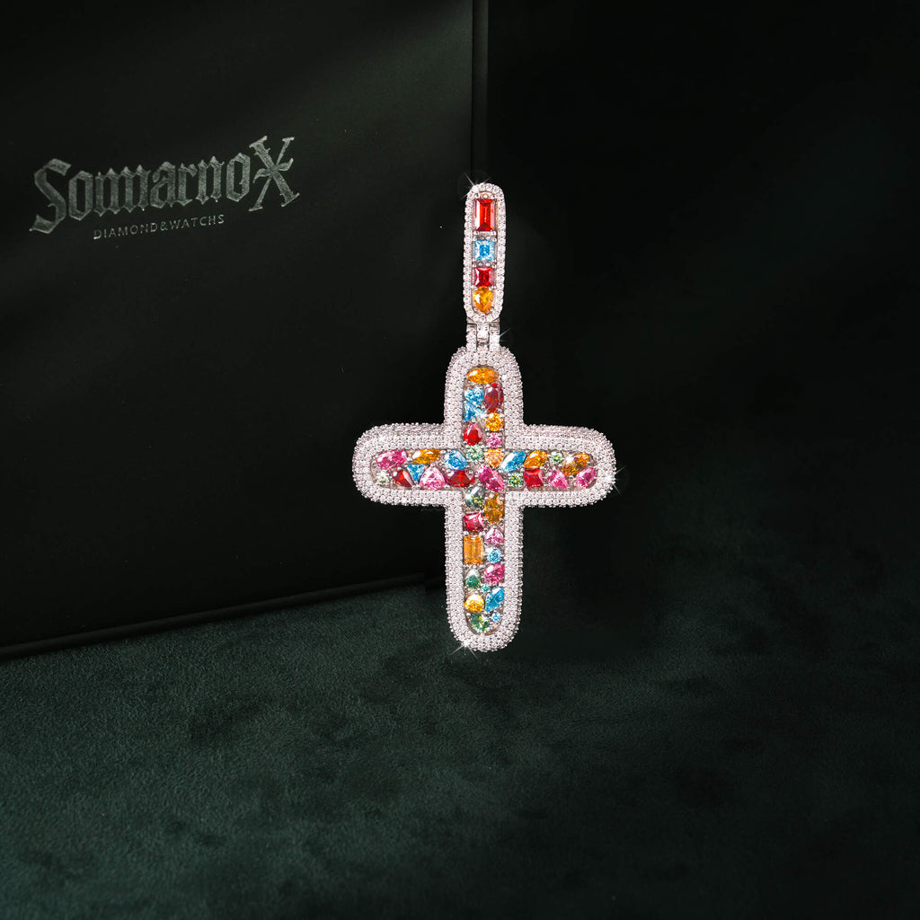 Moissanite Rainbow Halo Cross Pendant