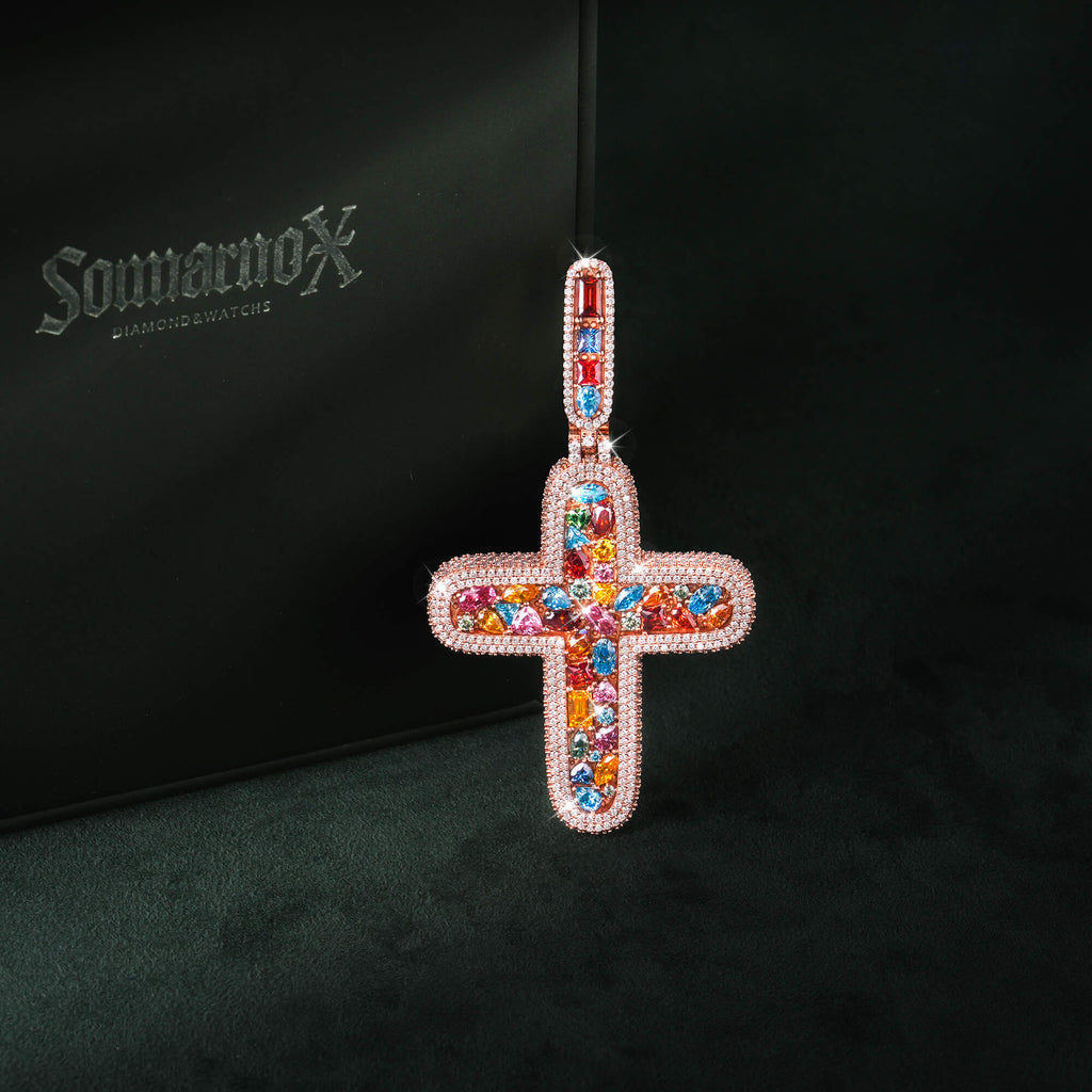 Moissanite Rainbow Halo Cross Pendant