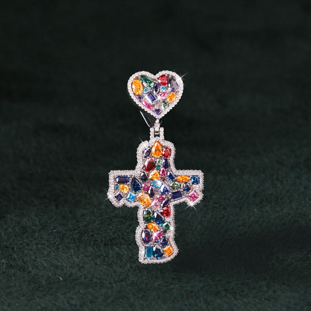 Moissanite Rainbow Halo Heart Cross Pendant