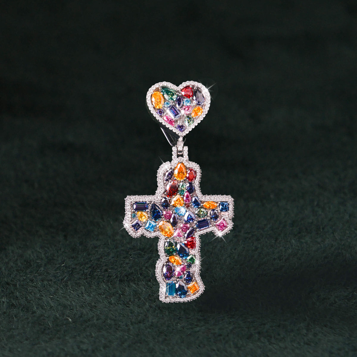 Moissanite Rainbow Halo Heart Cross Pendant – alternate product view 4