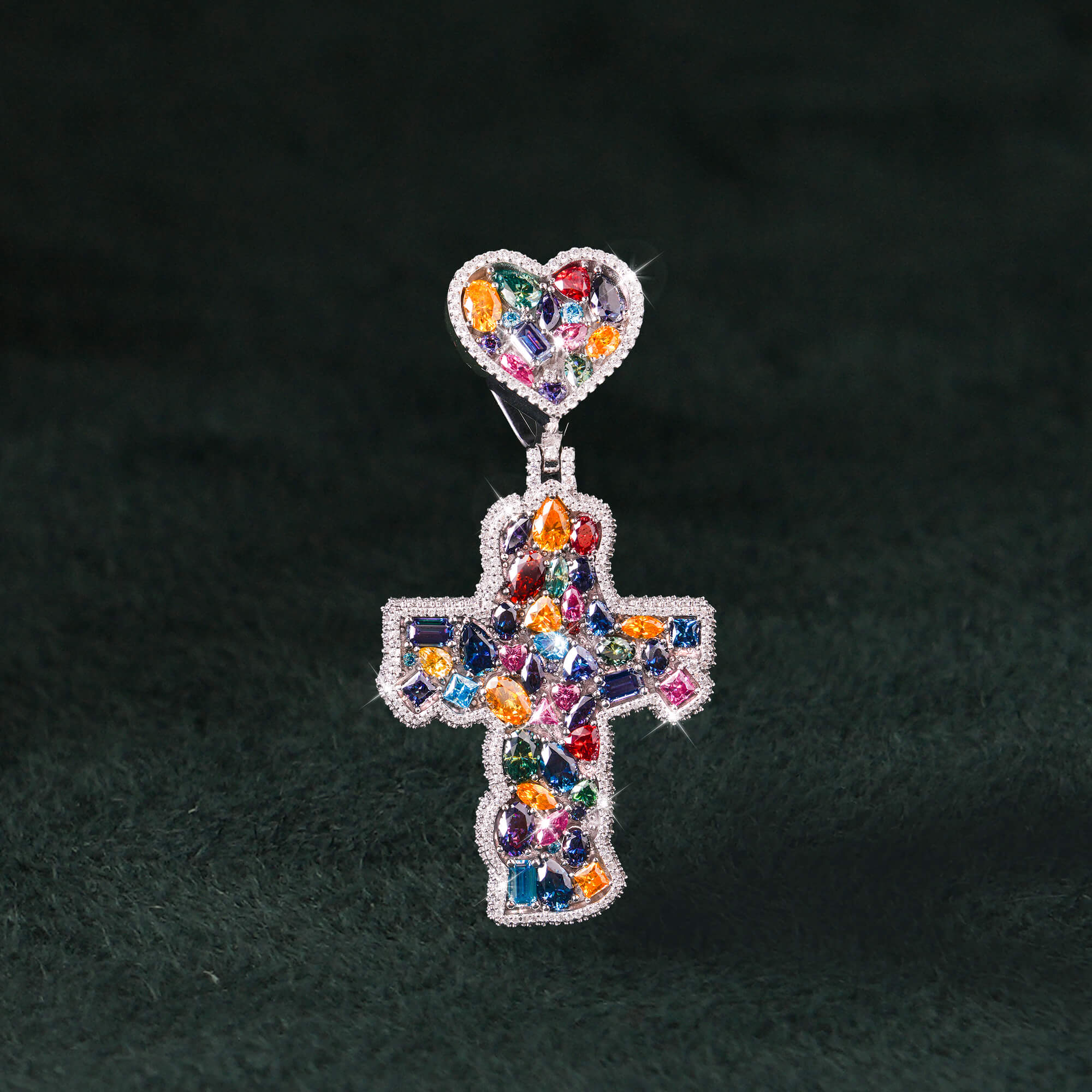 Moissanite Rainbow Halo Heart Cross Pendant