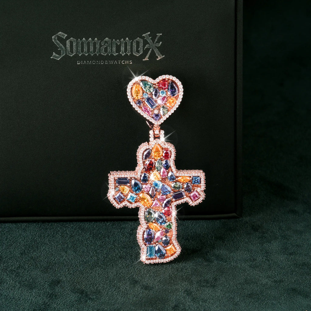 Moissanite Rainbow Halo Heart Cross Pendant