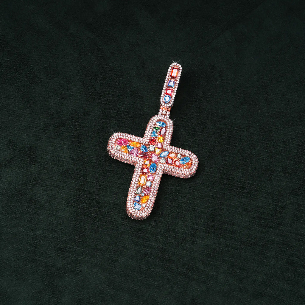 Moissanite Rainbow Halo Cross Pendant