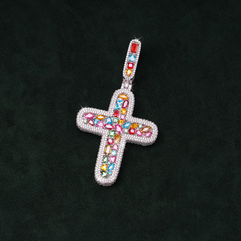 Moissanite Rainbow Halo Cross Pendant