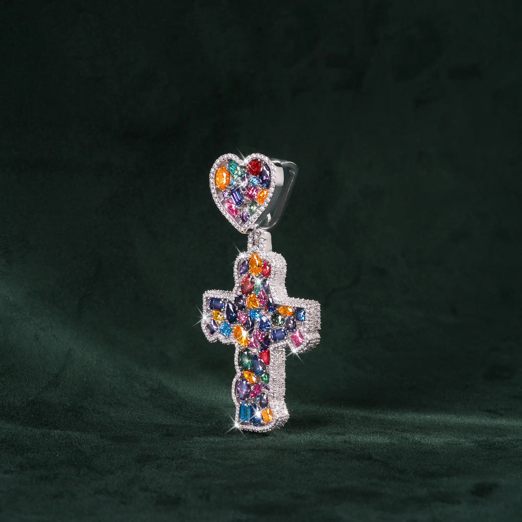 Moissanite Rainbow Halo Heart Cross Pendant