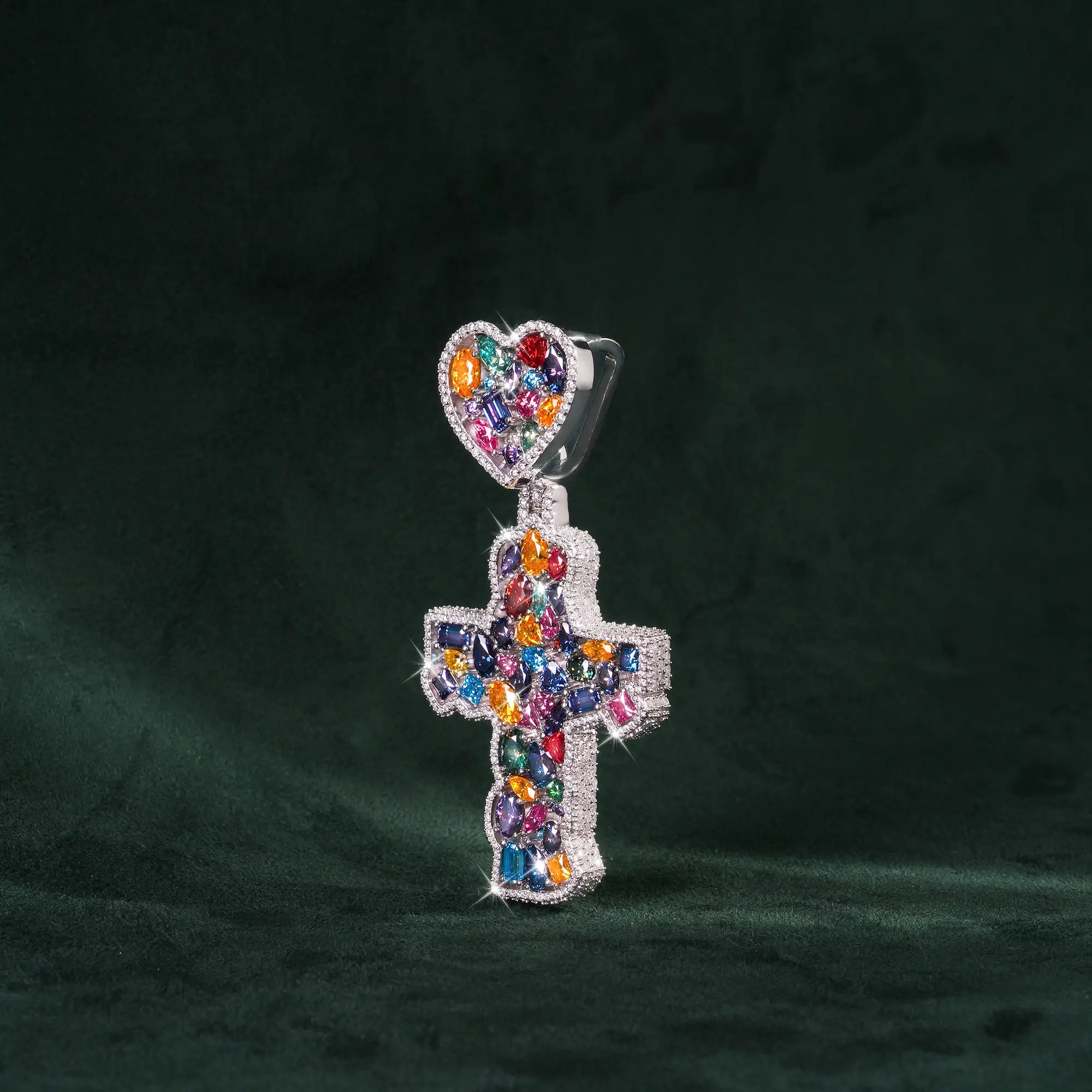 Moissanite Rainbow Halo Heart Cross Pendant
