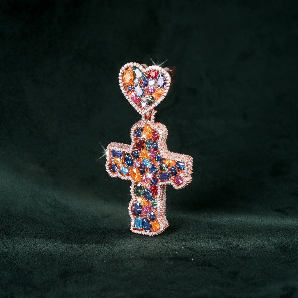Moissanite Rainbow Halo Heart Cross Pendant