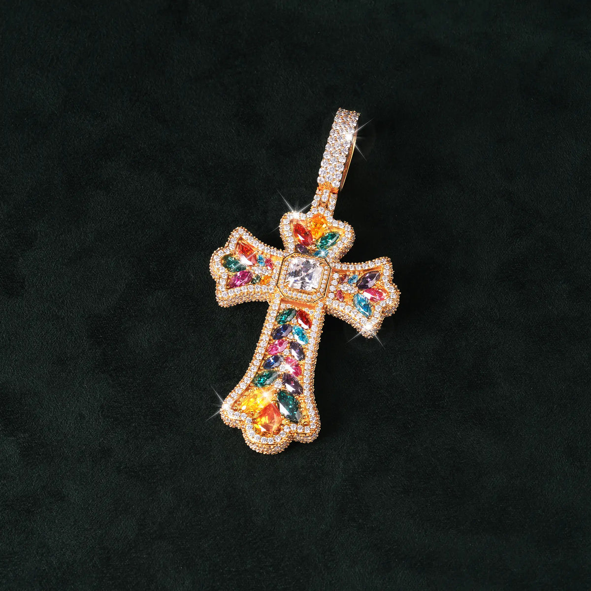 Moissanite Rainbow Halo Floral Cross Pendant – alternate product view 10