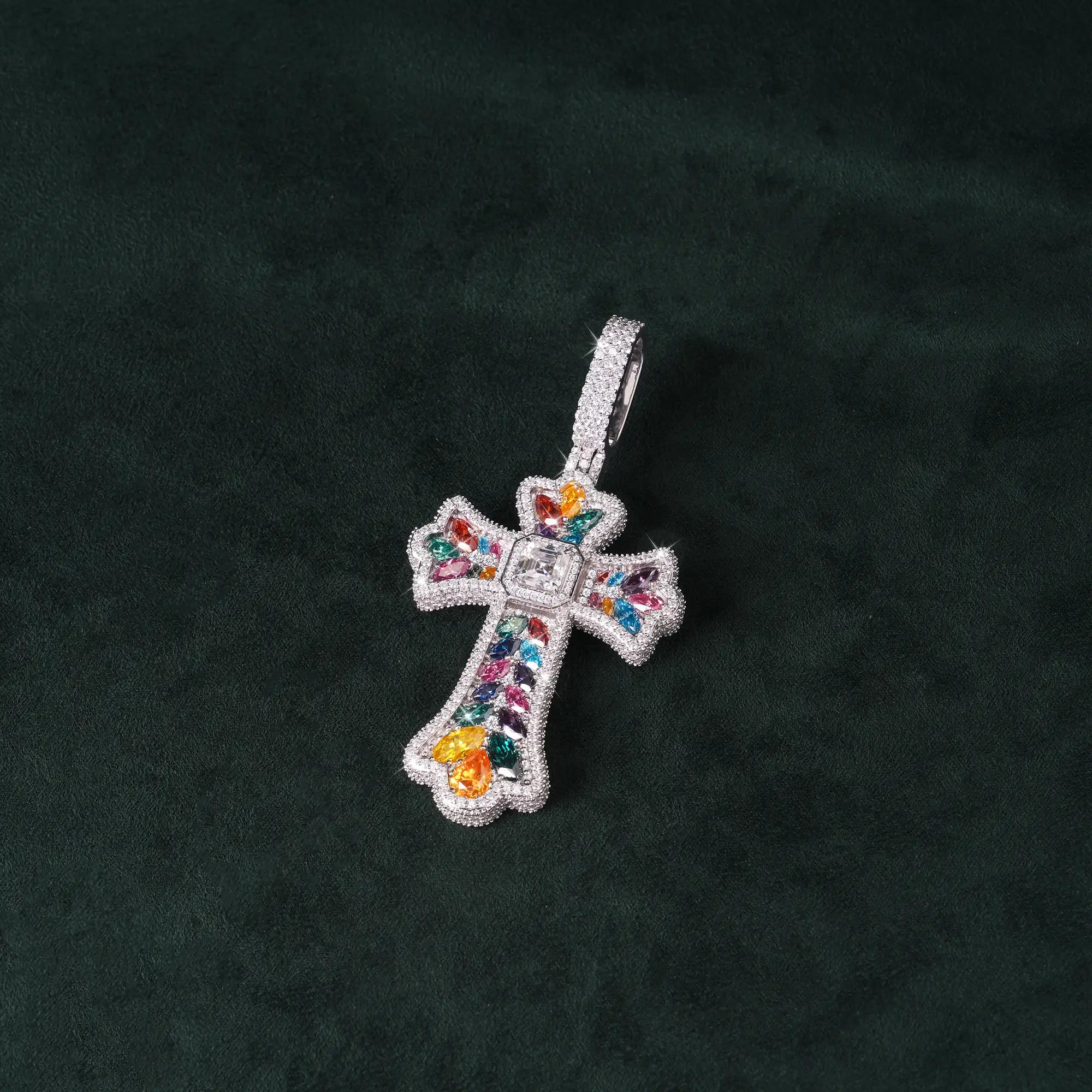 Moissanite Rainbow Halo Floral Cross Pendant – alternate product view 5