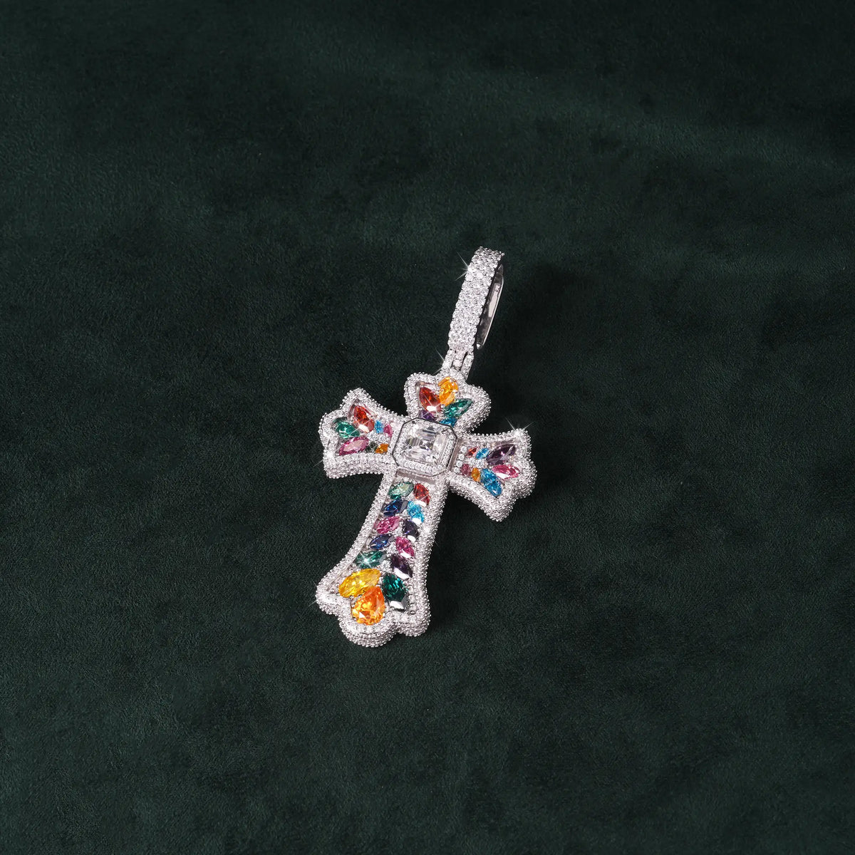 Moissanite Rainbow Halo Floral Cross Pendant – alternate product view 5