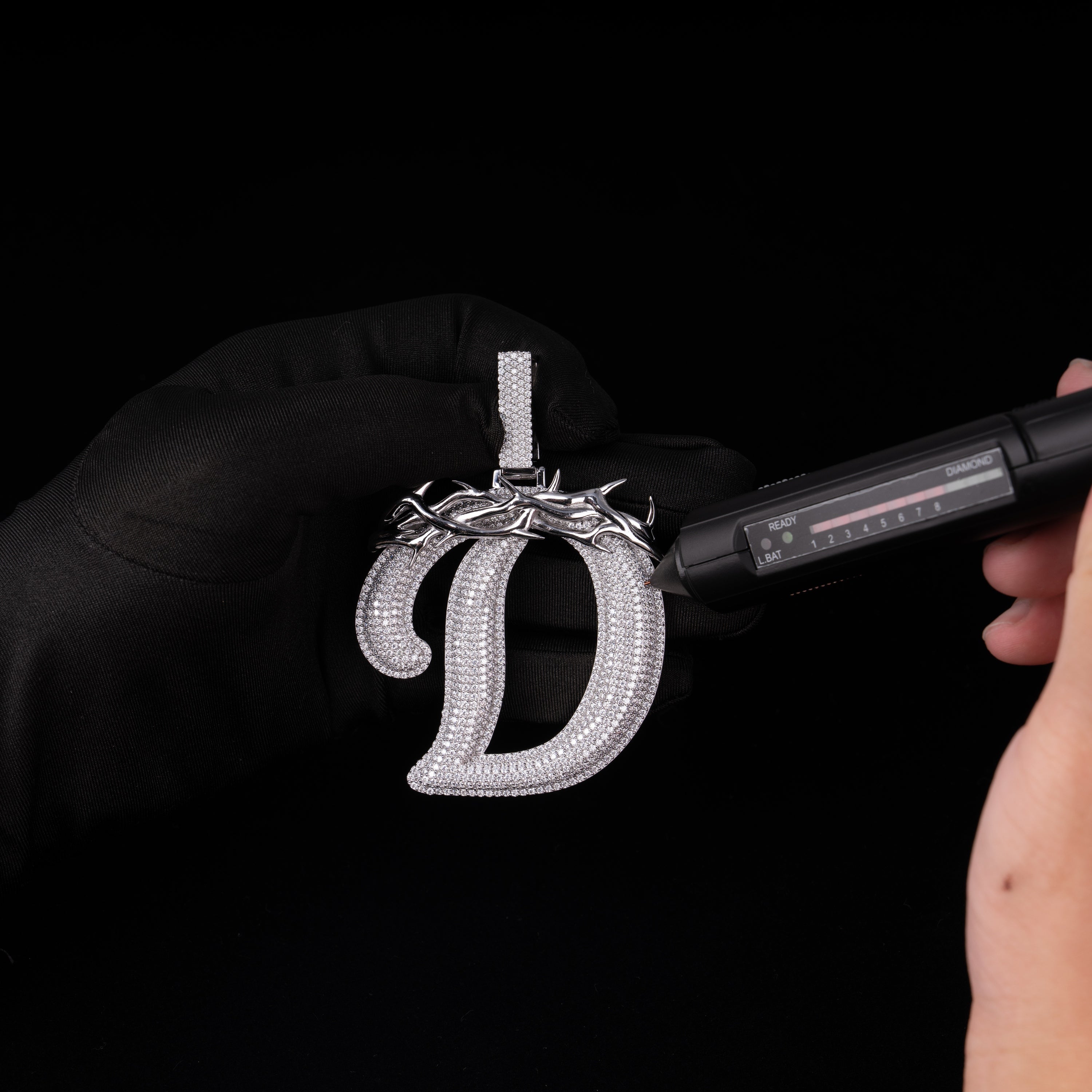 Iced Out Letter D Q Pendant – Moissanite Thorn Initial Charm – alternate product view 6