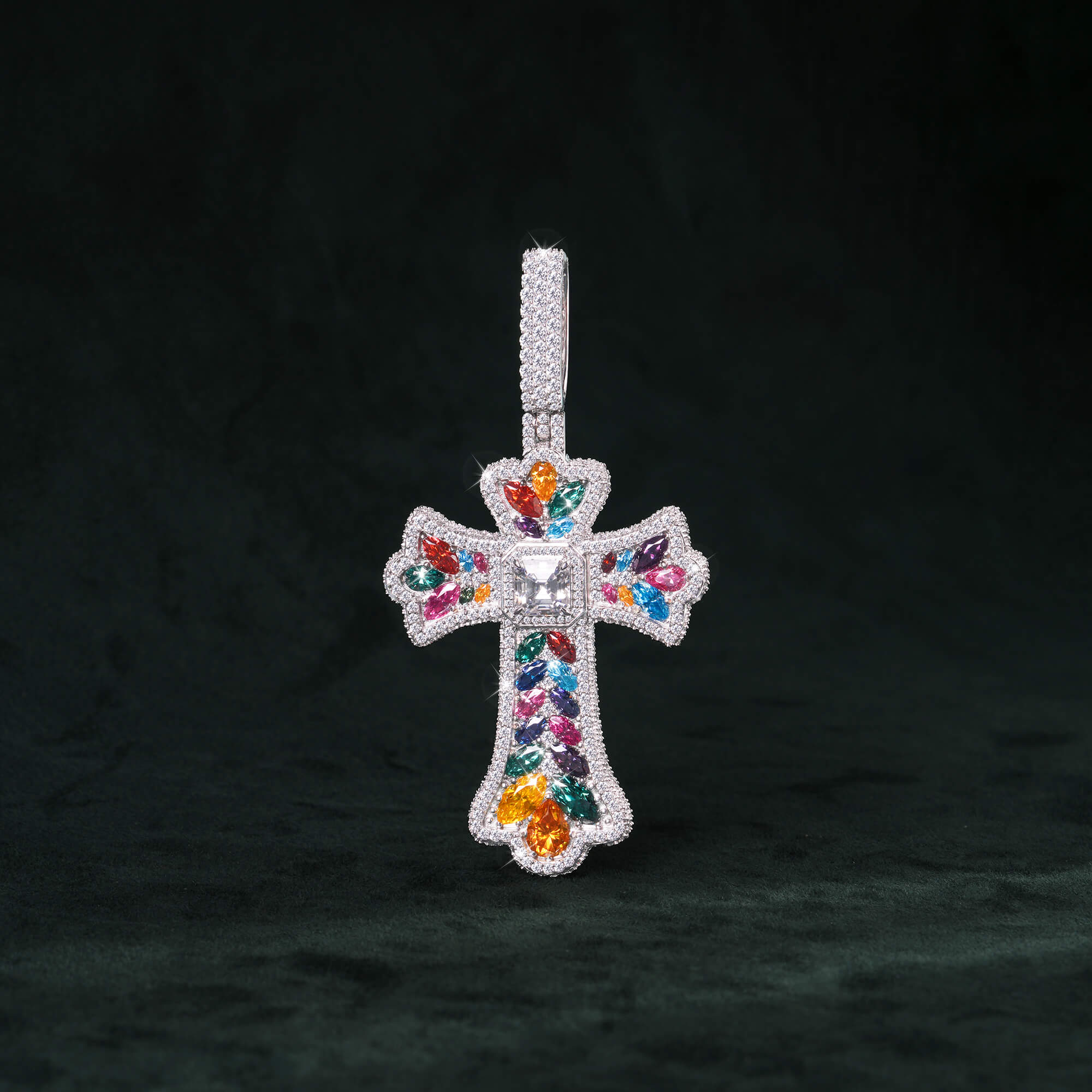 Moissanite Rainbow Halo Floral Cross Pendant – alternate product view 4