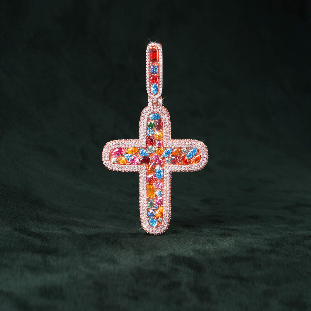 Moissanite Rainbow Halo Cross Pendant