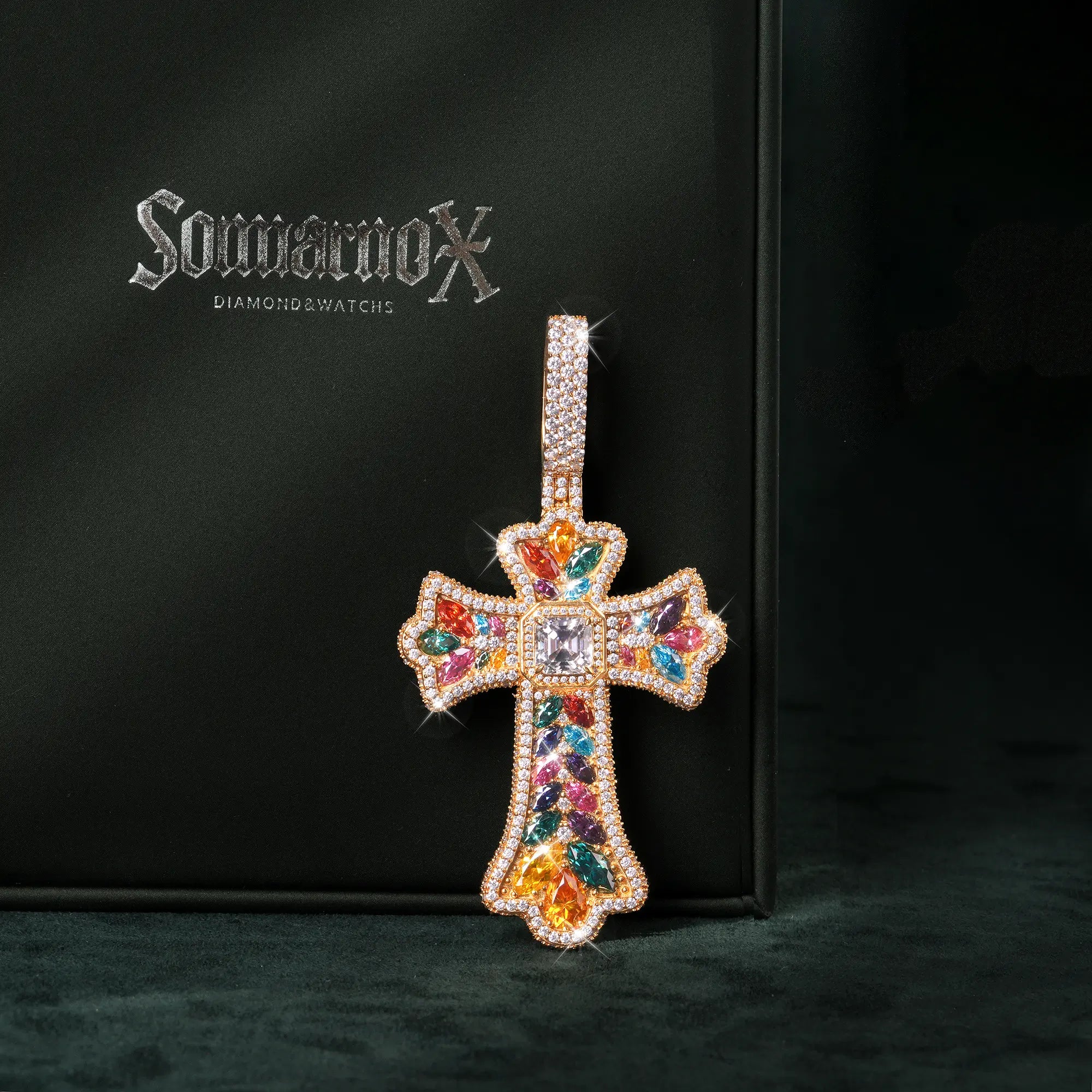 Moissanite Rainbow Halo Floral Cross Pendant – alternate product view 7
