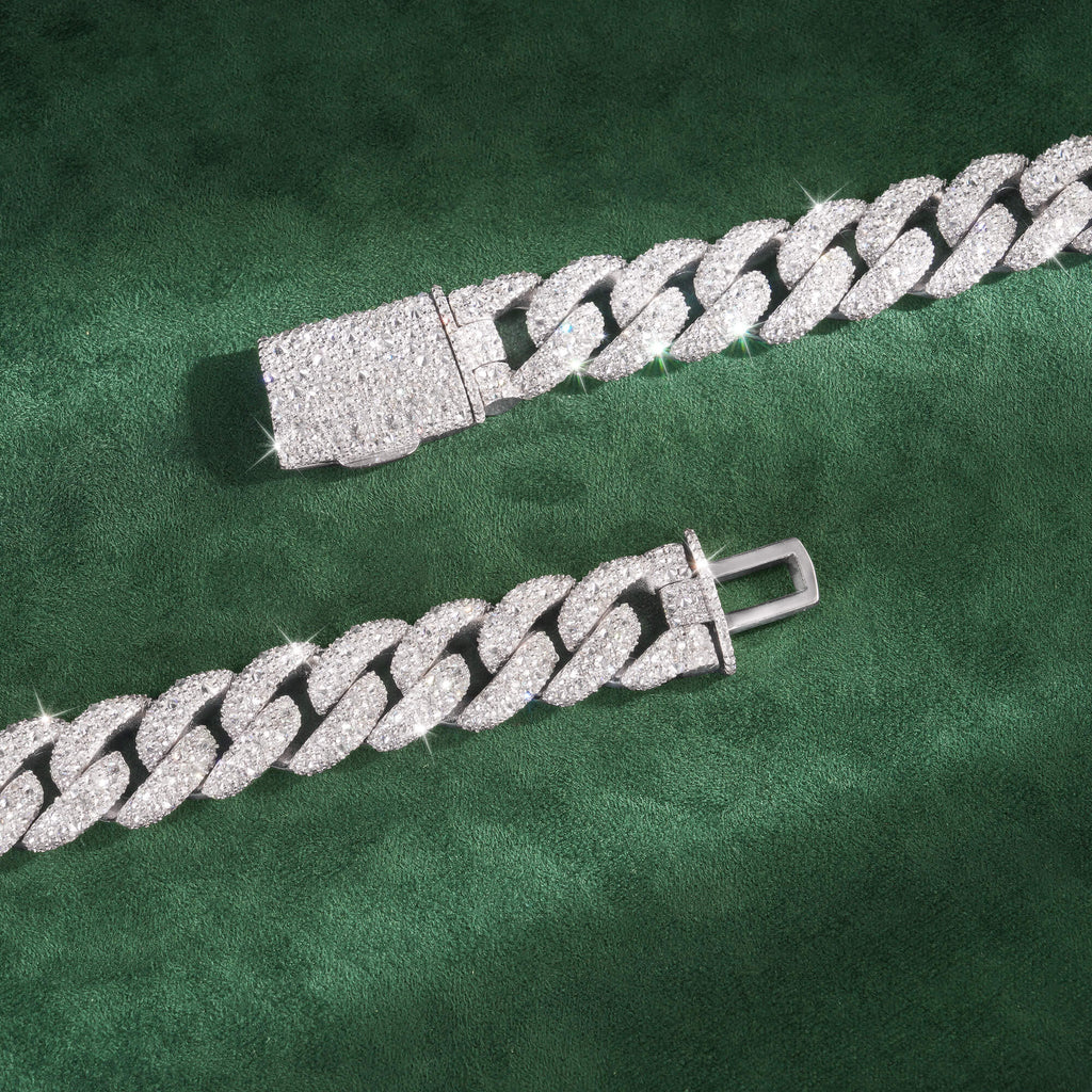 14mm Crescent-Set Mixed Moissanite Cuban Link Chain – 14K Gold