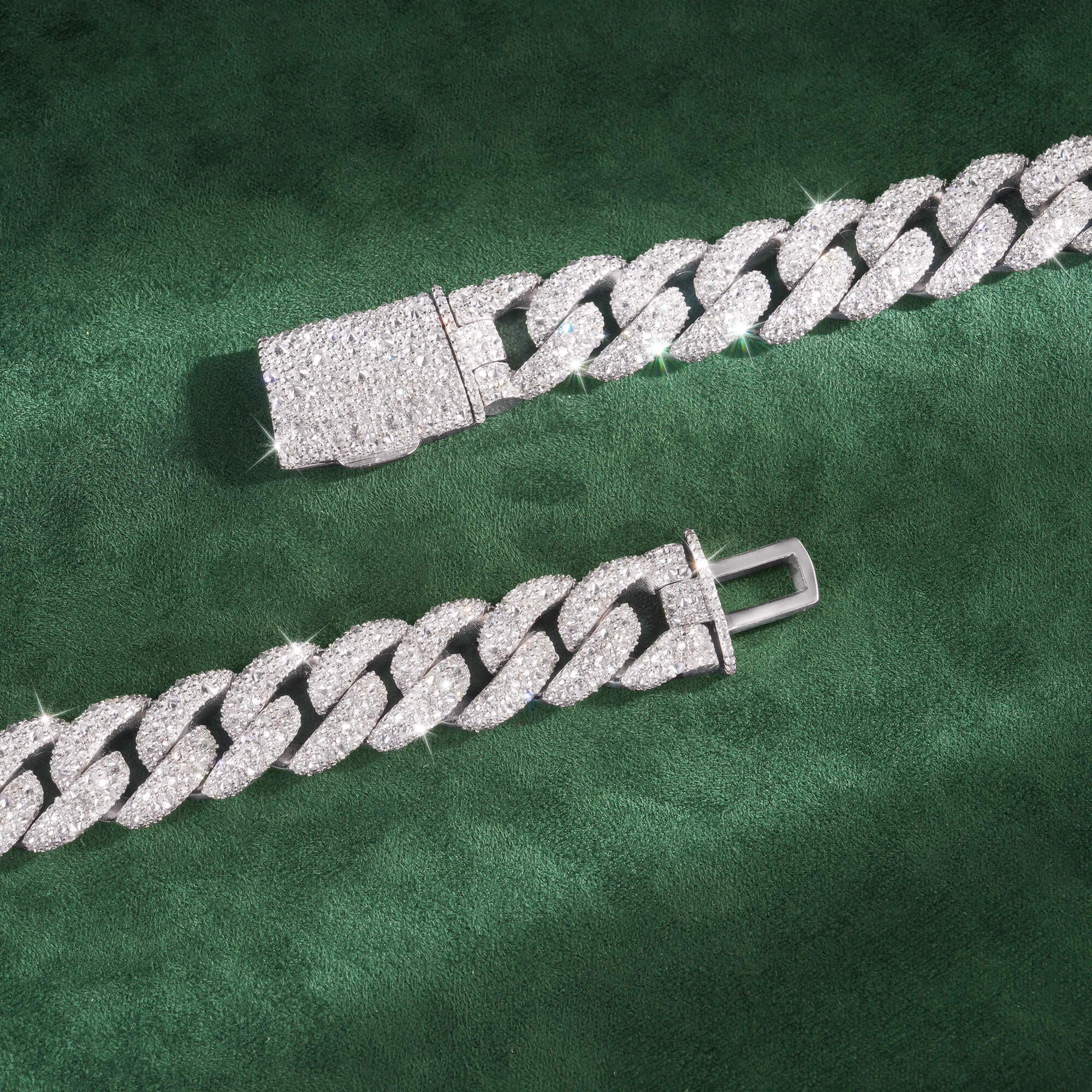 14mm Crescent-Set Mixed Moissanite Cuban Link Chain – 14K Gold