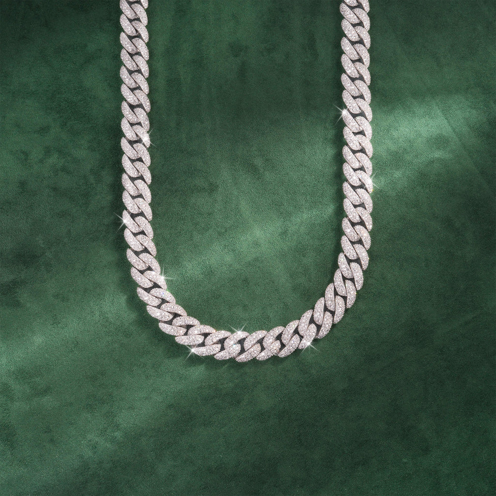 14mm Crescent-Set Mixed Moissanite Cuban Link Chain – 14K Gold