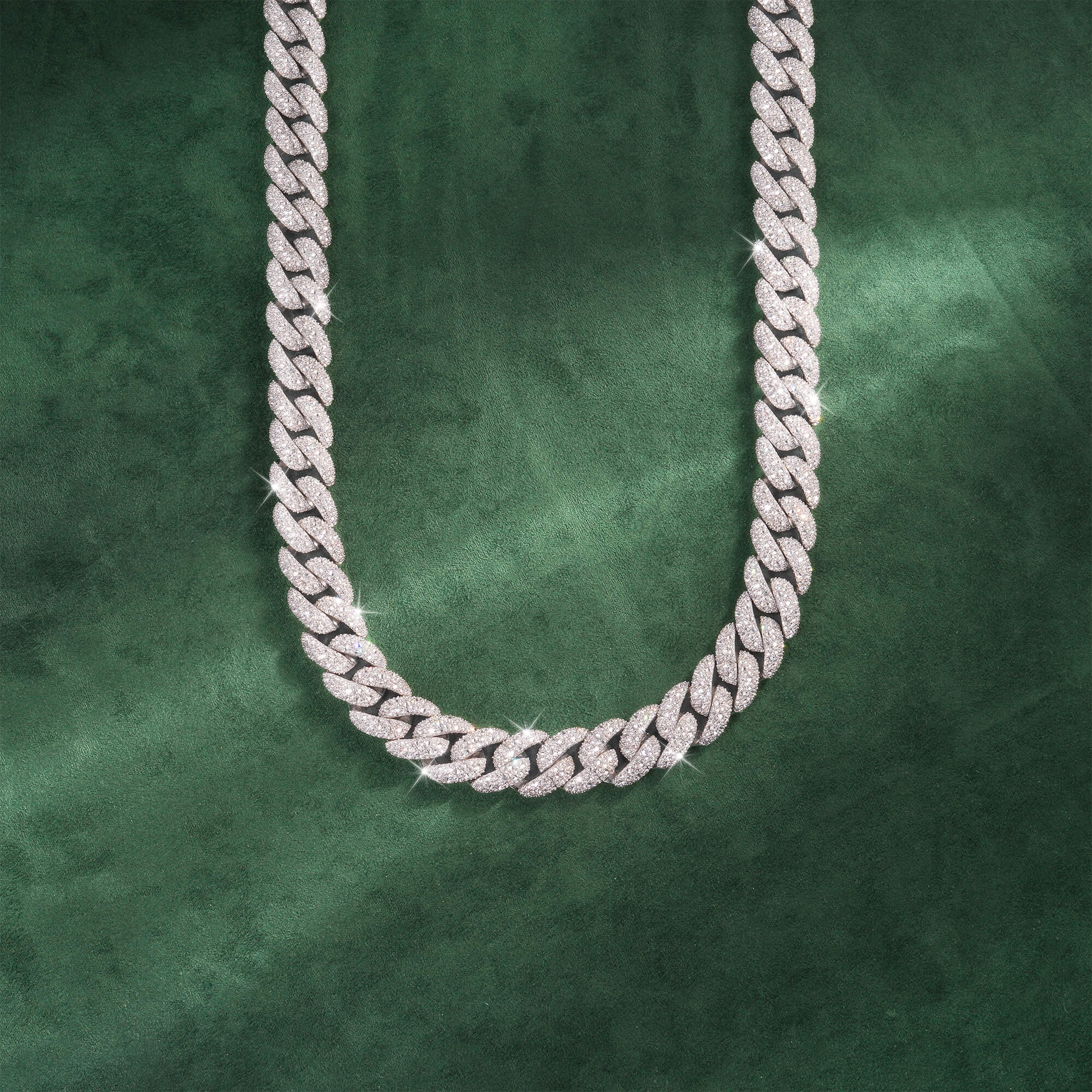14mm Crescent-Set Mixed Moissanite Cuban Link Chain – 14K Gold
