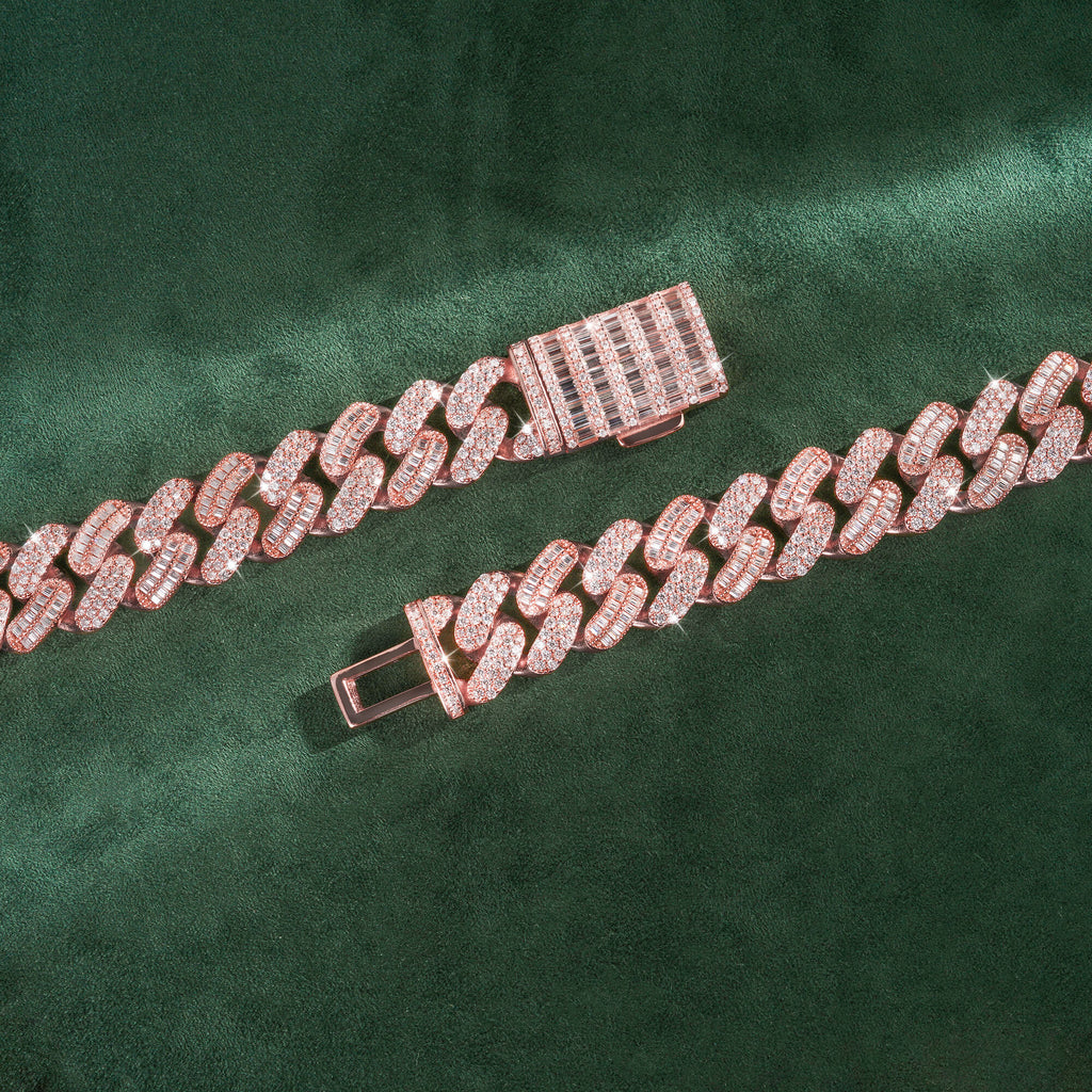 15mm Baguette + Round Moissanite Cuban Link Chain 14K Gold