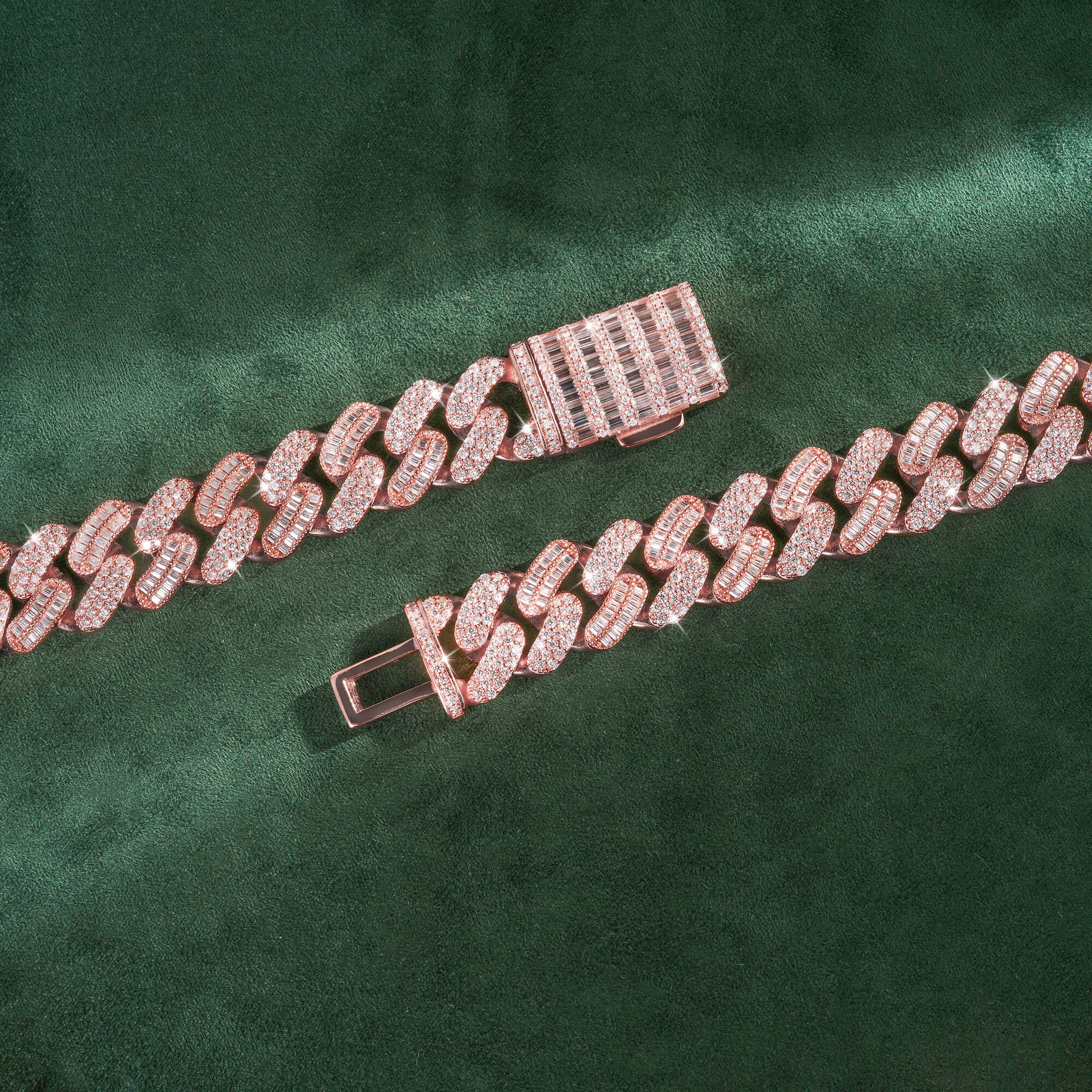 15mm Baguette + Round Moissanite Cuban Link Chain 14K Gold