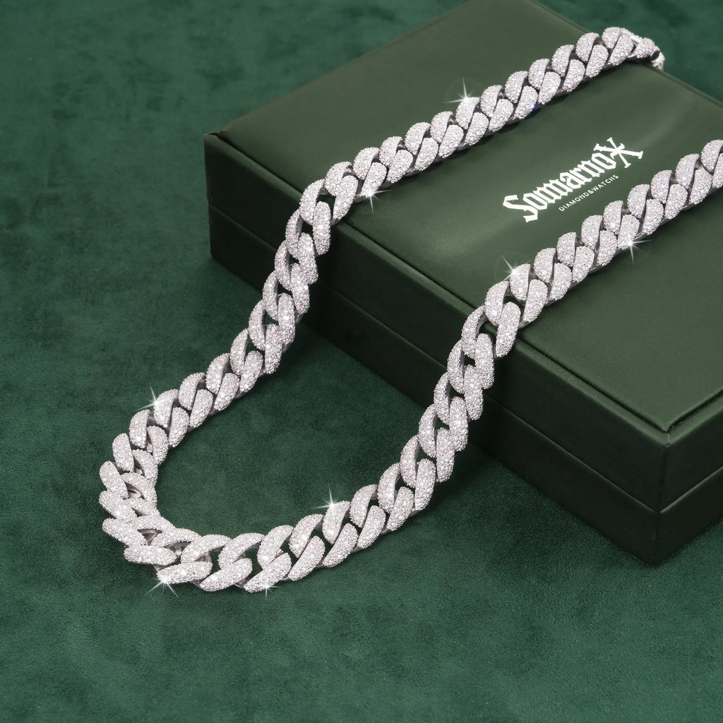 14mm Crescent-Set Mixed Moissanite Cuban Link Chain – 14K Gold