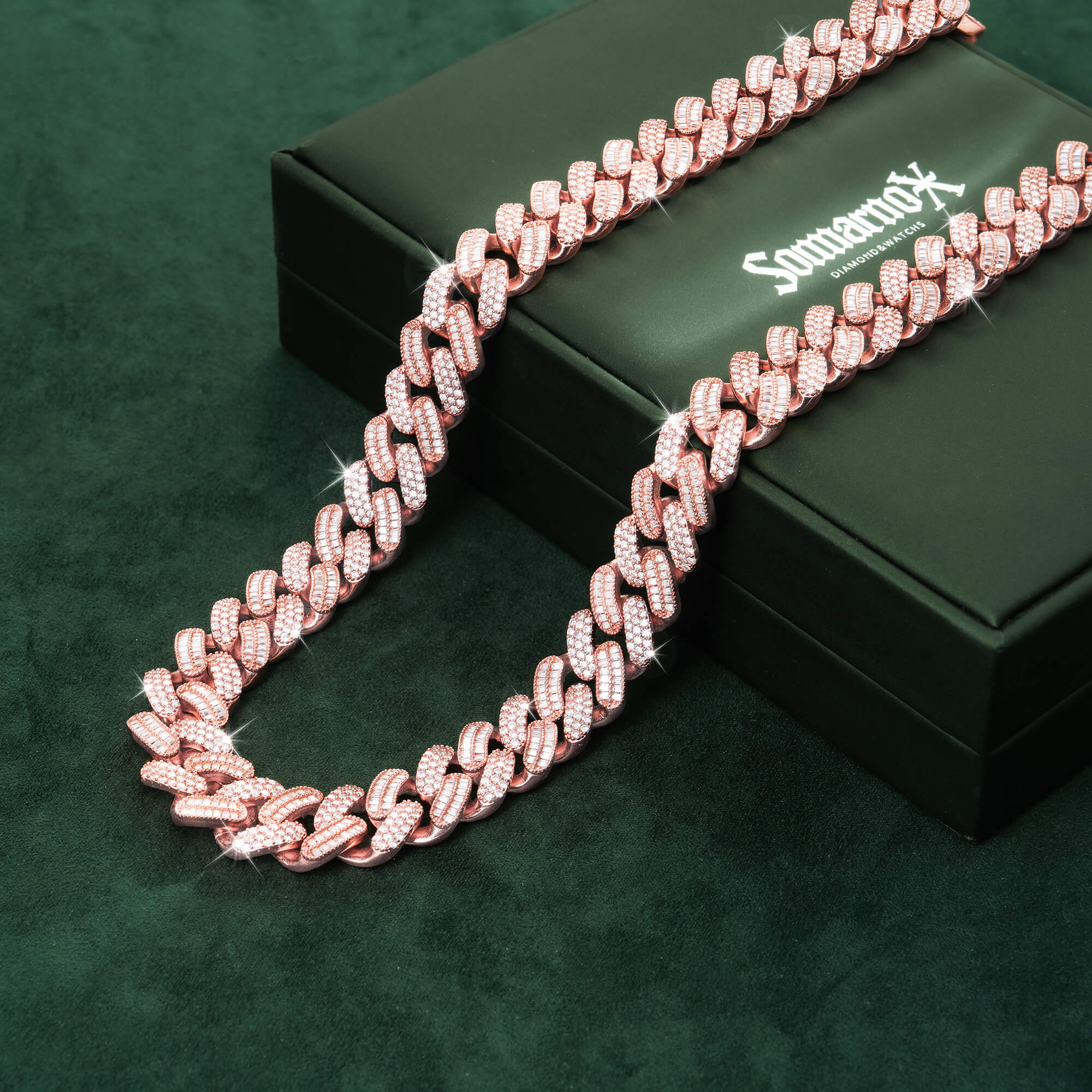 15mm Baguette + Round Moissanite Cuban Link Chain 14K Gold