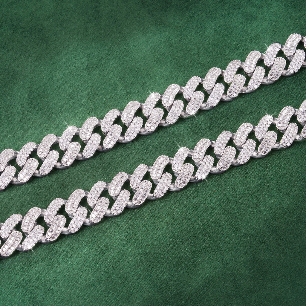 15mm Baguette + Round Moissanite Cuban Link Chain 14K Gold