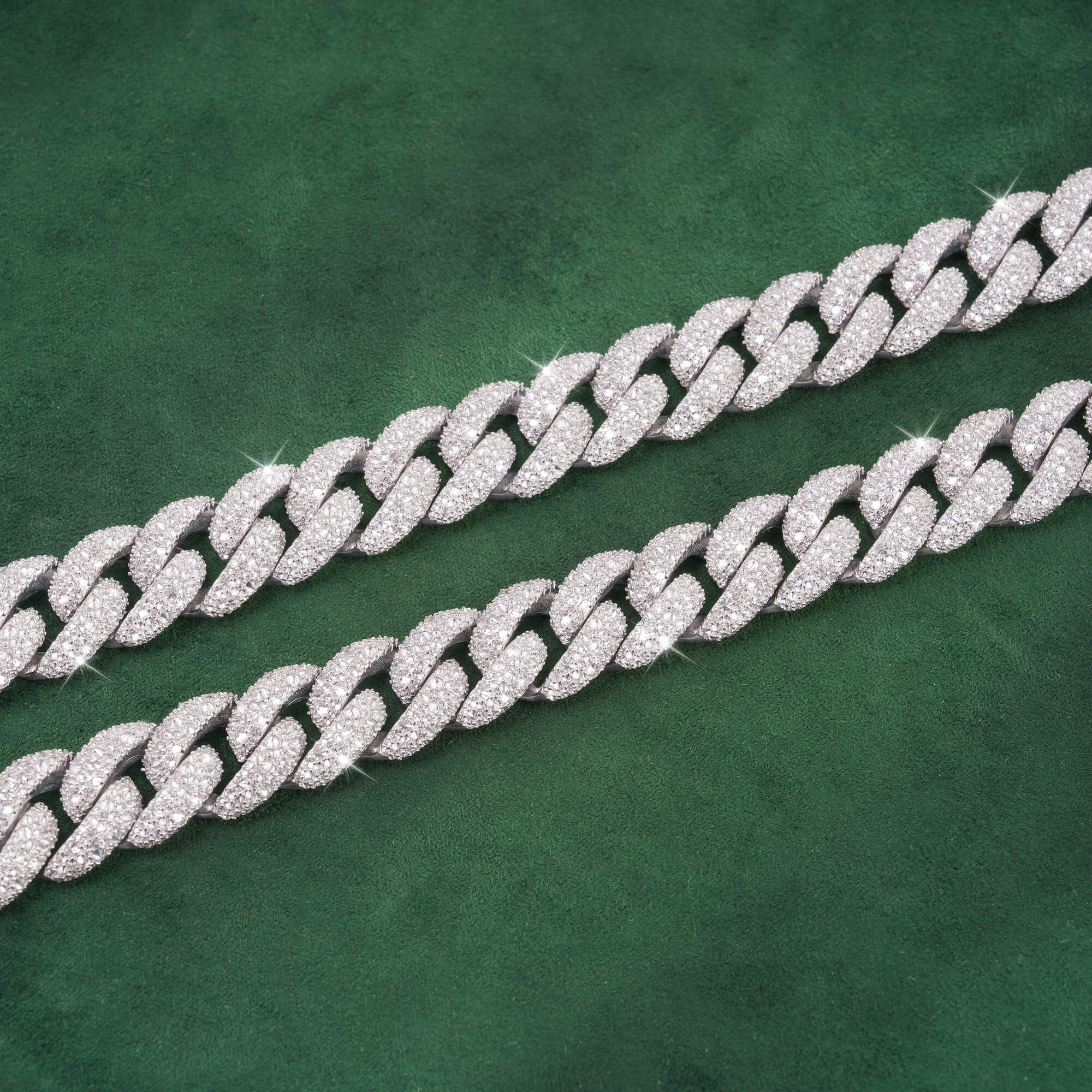 14mm Crescent-Set Mixed Moissanite Cuban Link Chain – 14K Gold