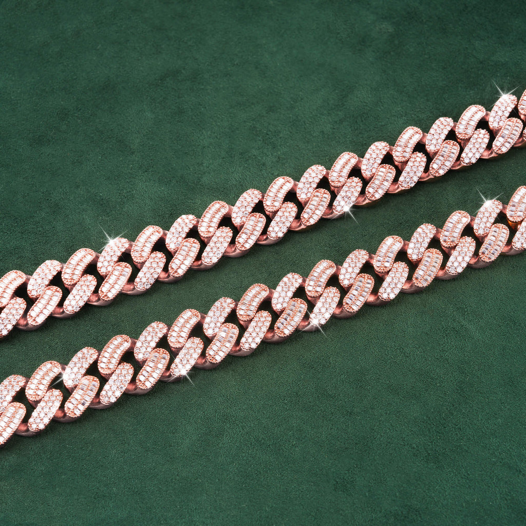 15mm Baguette + Round Moissanite Cuban Link Chain 14K Gold