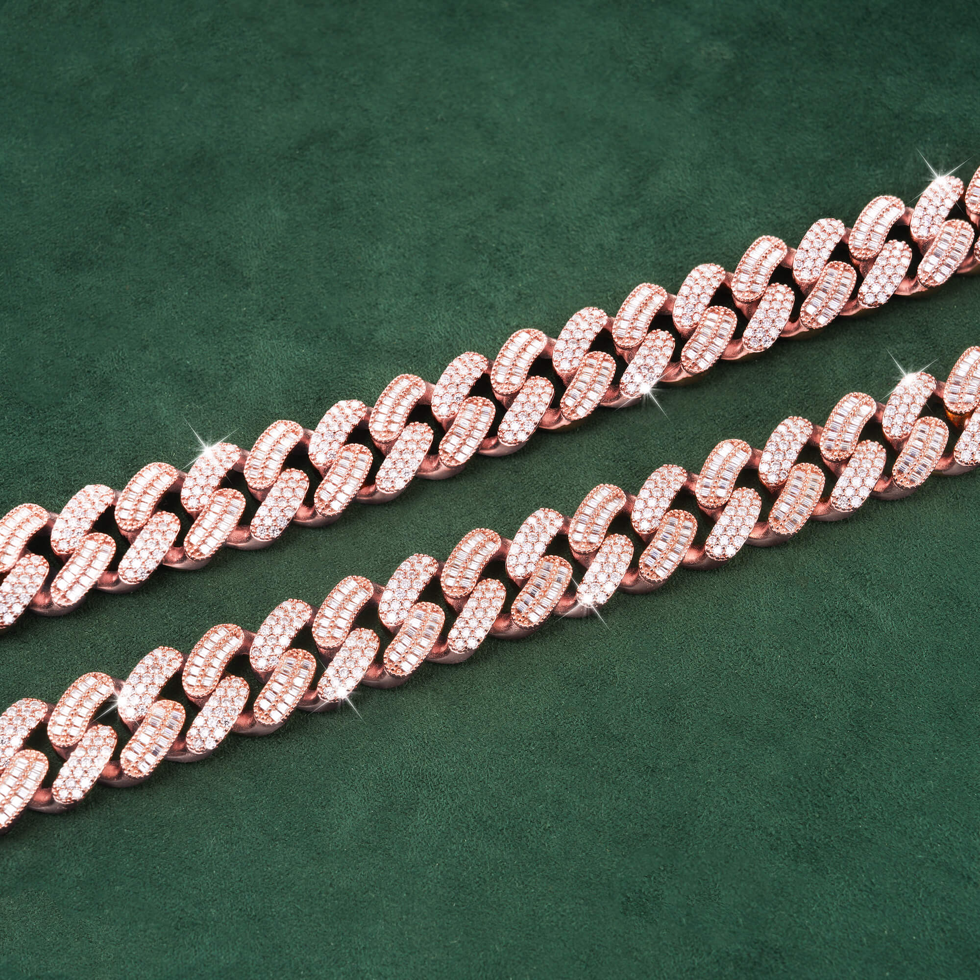 15mm Baguette + Round Moissanite Cuban Link Chain 14K Gold