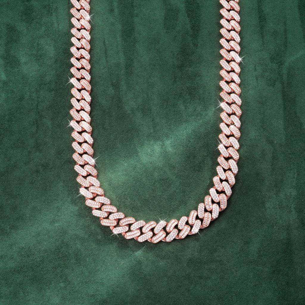 15mm Baguette + Round Moissanite Cuban Link Chain 14K Gold