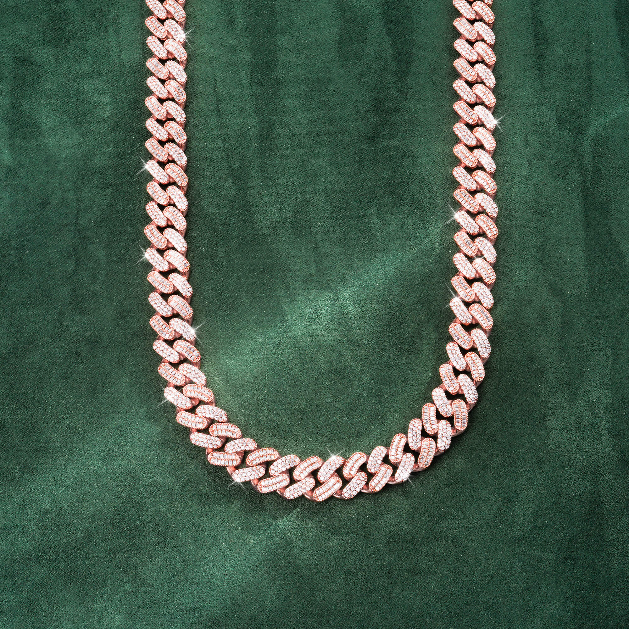 15mm Baguette + Round Moissanite Cuban Link Chain 14K Gold