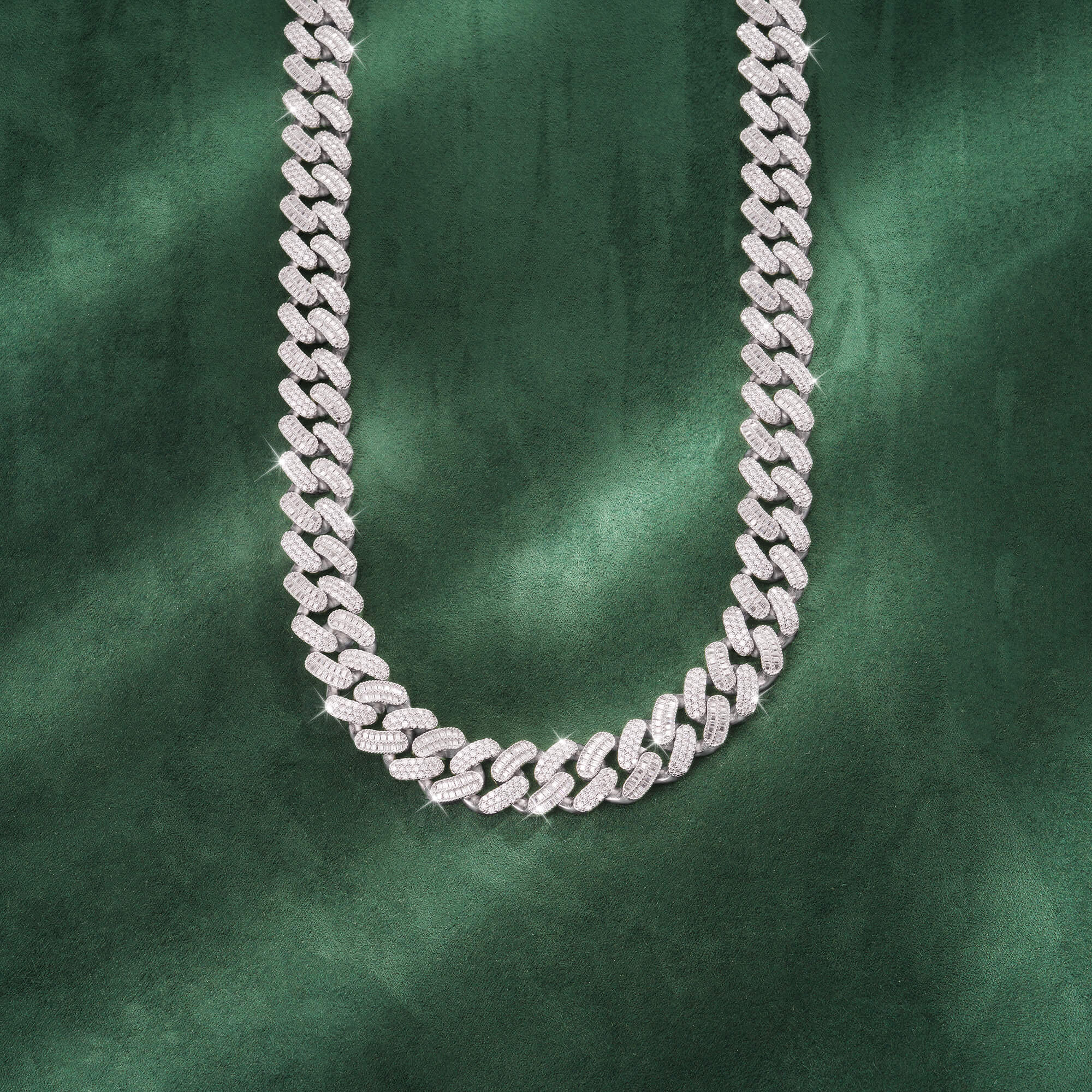 15mm Baguette + Round Moissanite Cuban Link Chain 14K Gold