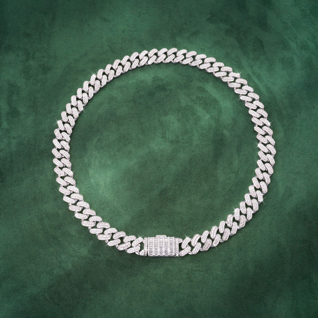 15mm Baguette + Round Moissanite Cuban Link Chain 14K Gold