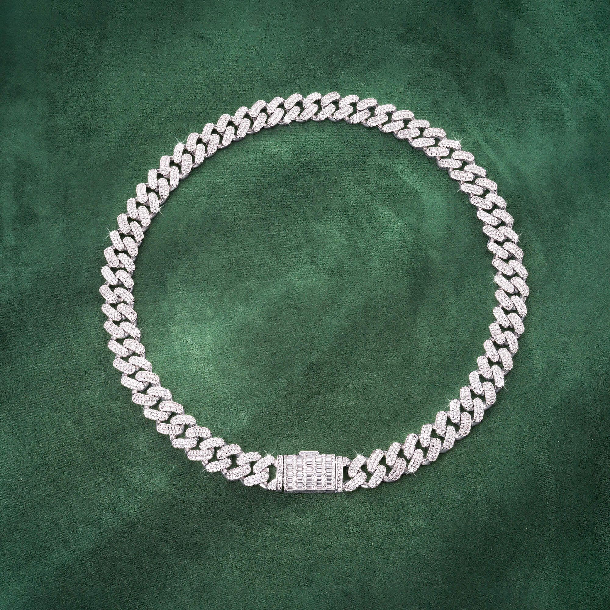 15mm Baguette + Round Moissanite Cuban Link Chain 14K Gold