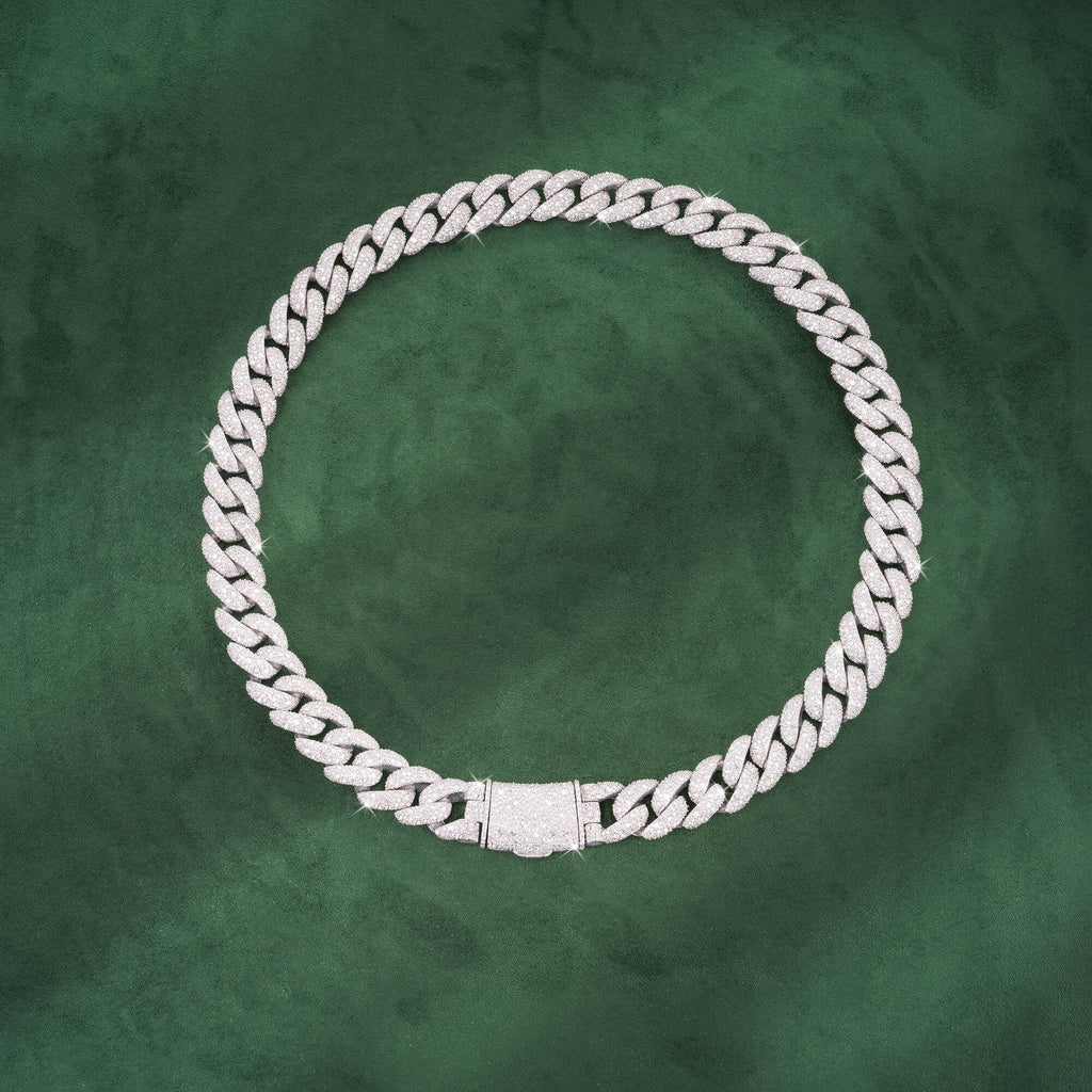 14mm Crescent-Set Mixed Moissanite Cuban Link Chain – 14K Gold