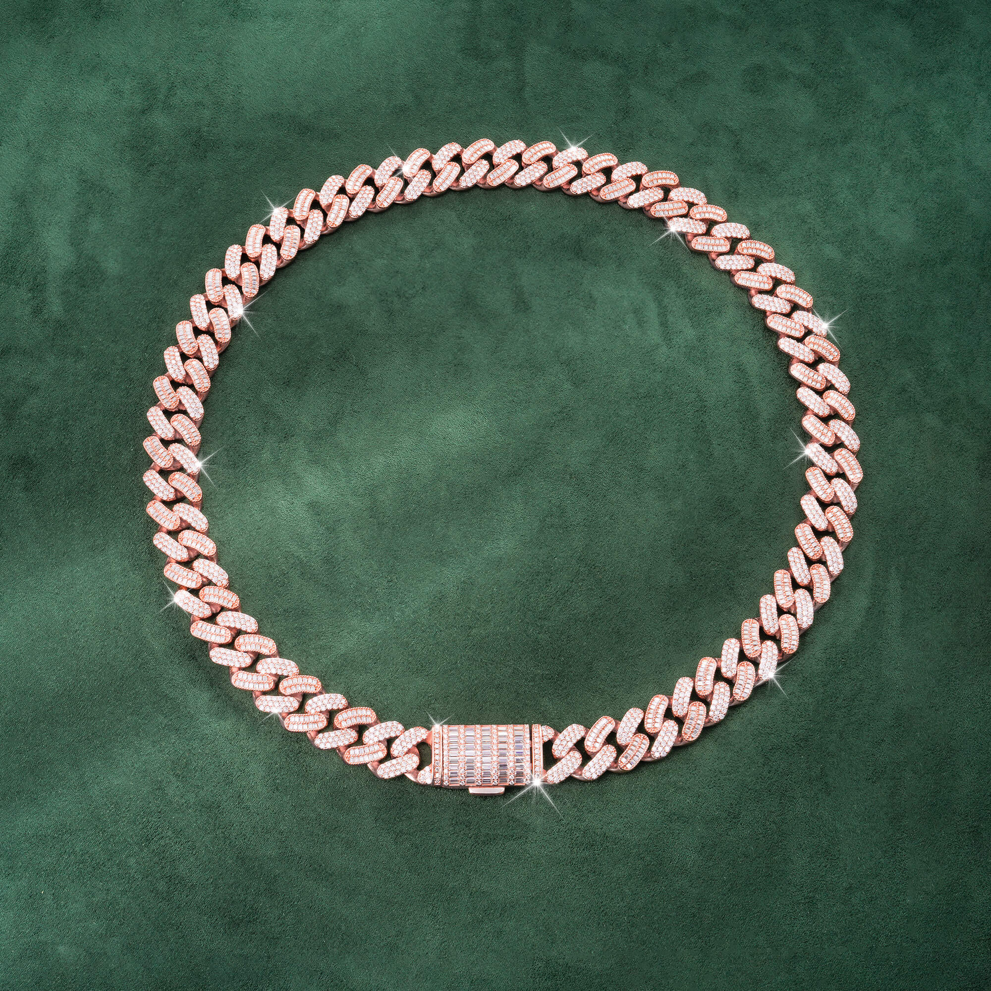 15mm Baguette + Round Moissanite Cuban Link Chain 14K Gold