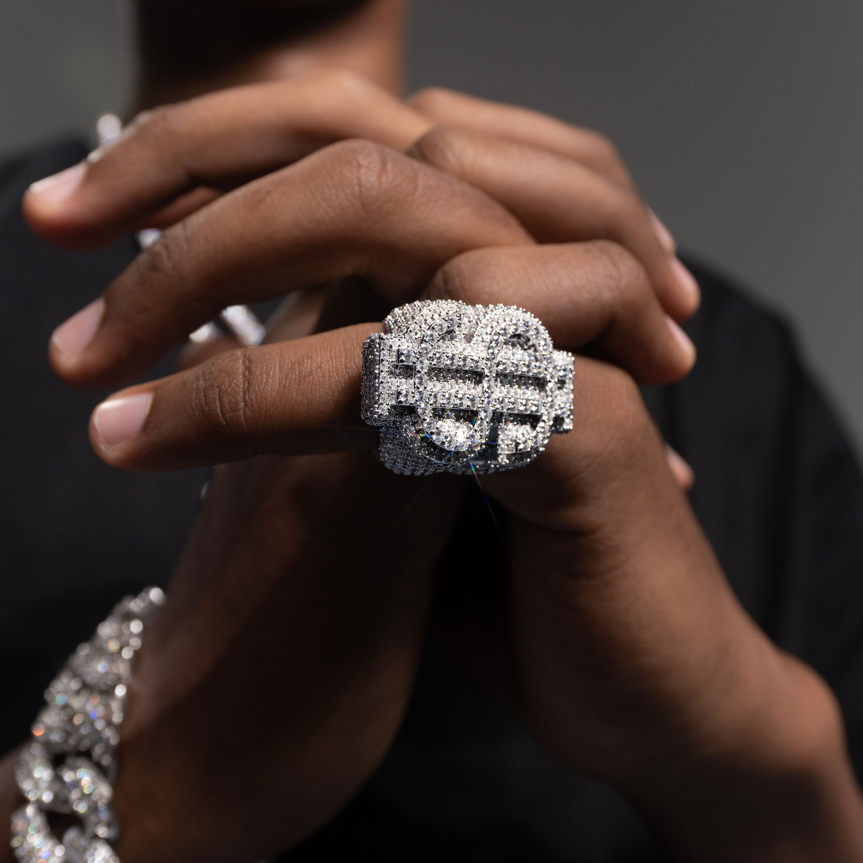 Iced Out Dollar Sign Baguette Moissanite Ring VVS Half Pavé Statement Ring by Sommarnox