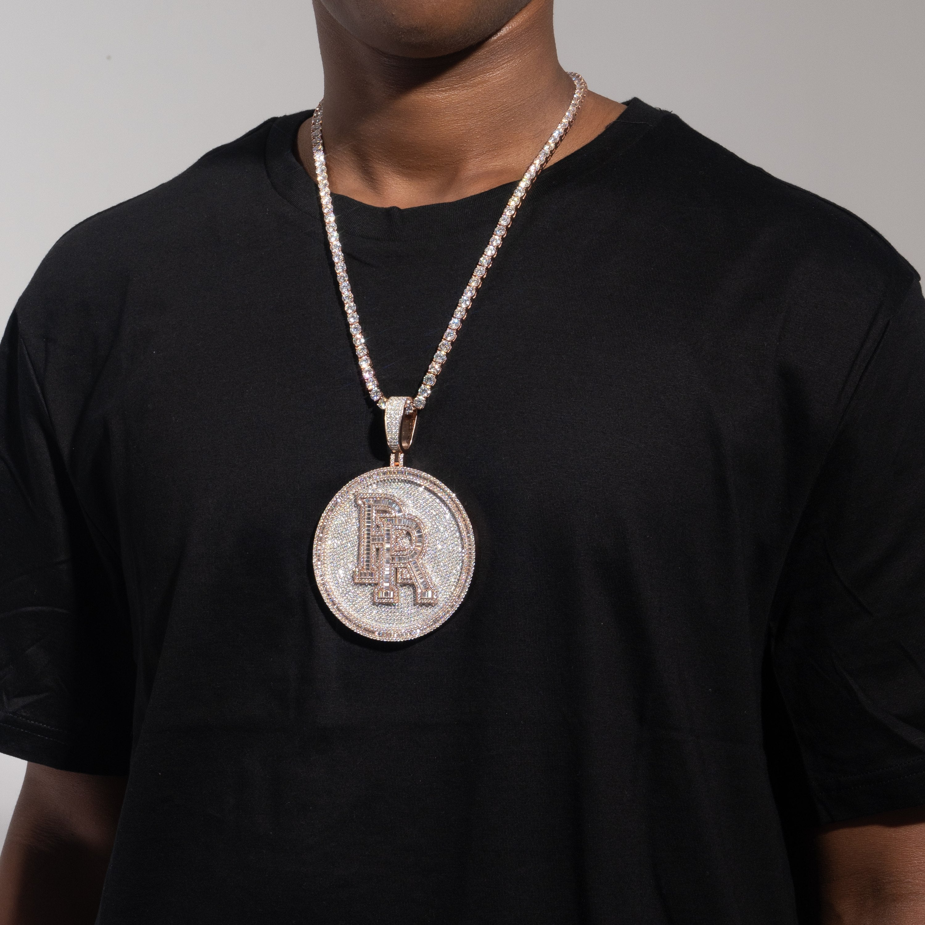Custom Double Initial Pendant – Iced Out VVS Moissanite Round Disc Pendant by Sommarnox