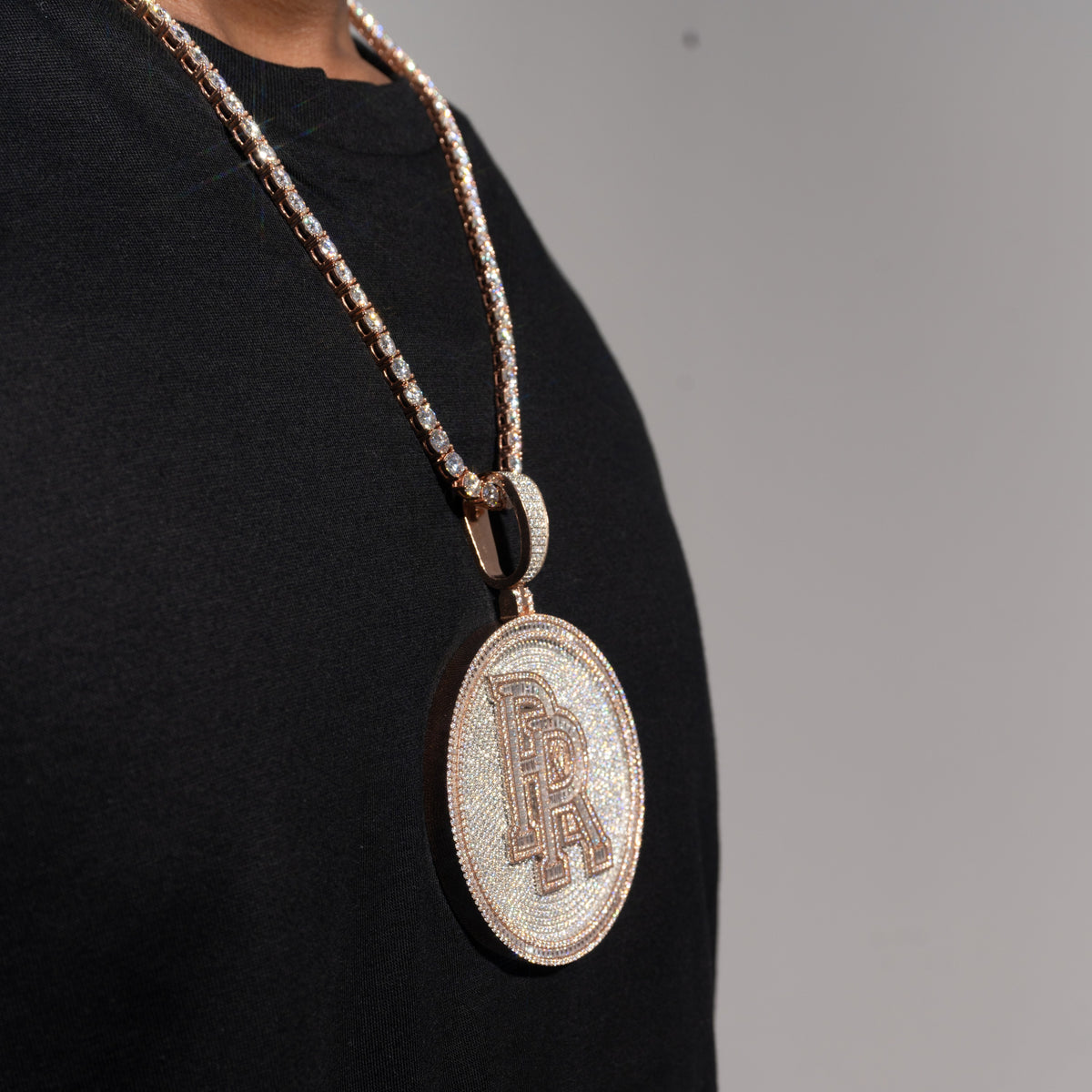 Custom Double Initial Pendant – Iced Out VVS Moissanite Round Disc Pendant – alternate product view 3