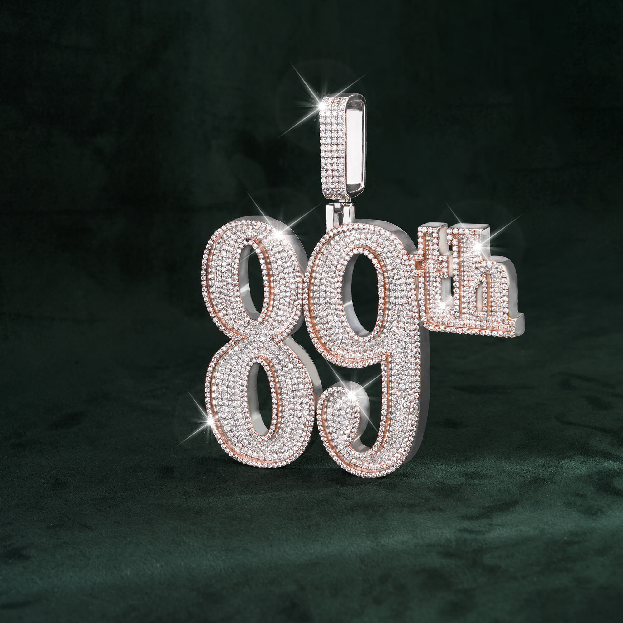 Iced 89th Pendant Fully Flooded Moissanite Rose-Tone Finish Outline Statement Piece – alternate product view 3