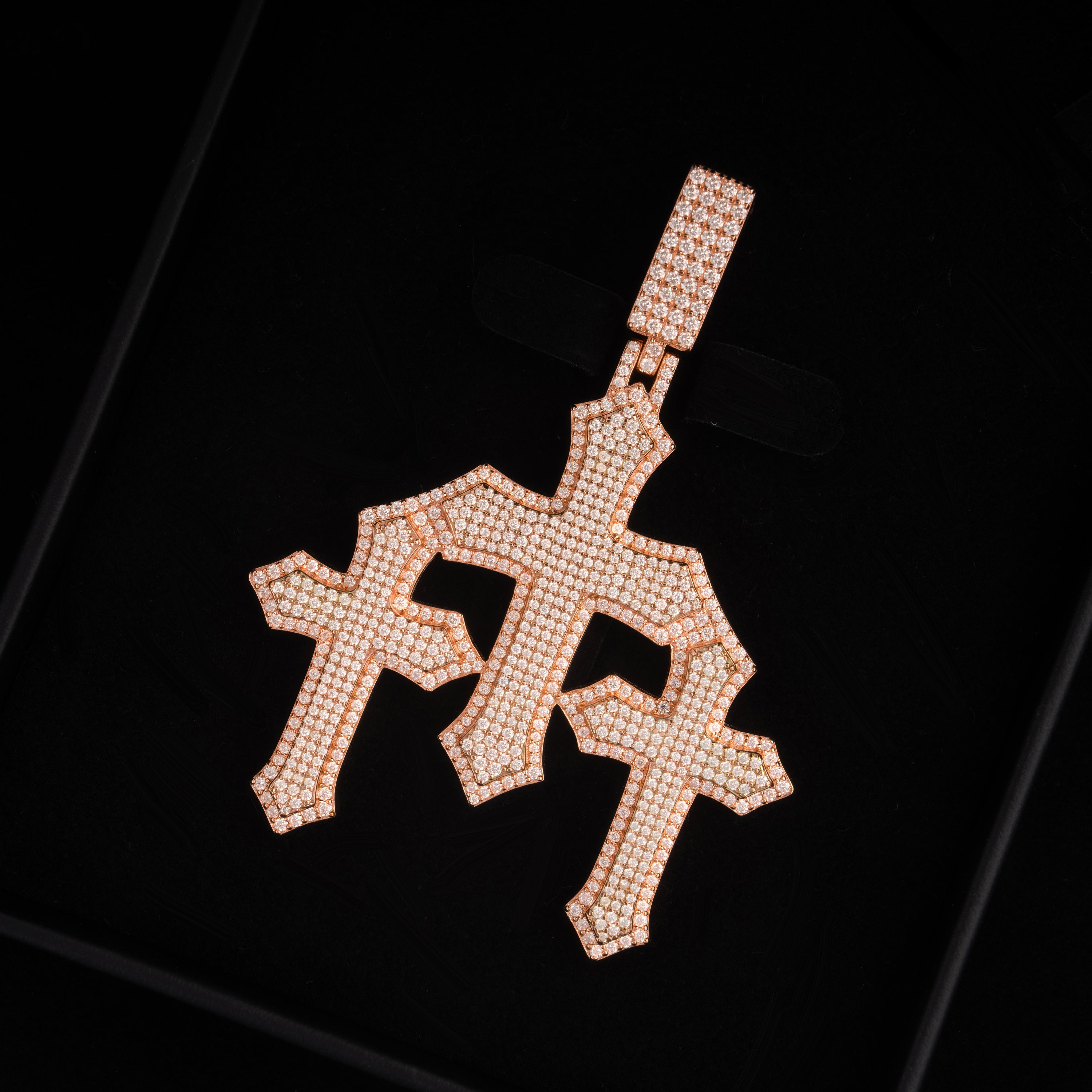 Iced Geometric Cross Pendant Rose-Tone Finish Full Pave Moissanite Statement Piece – alternate product view 3