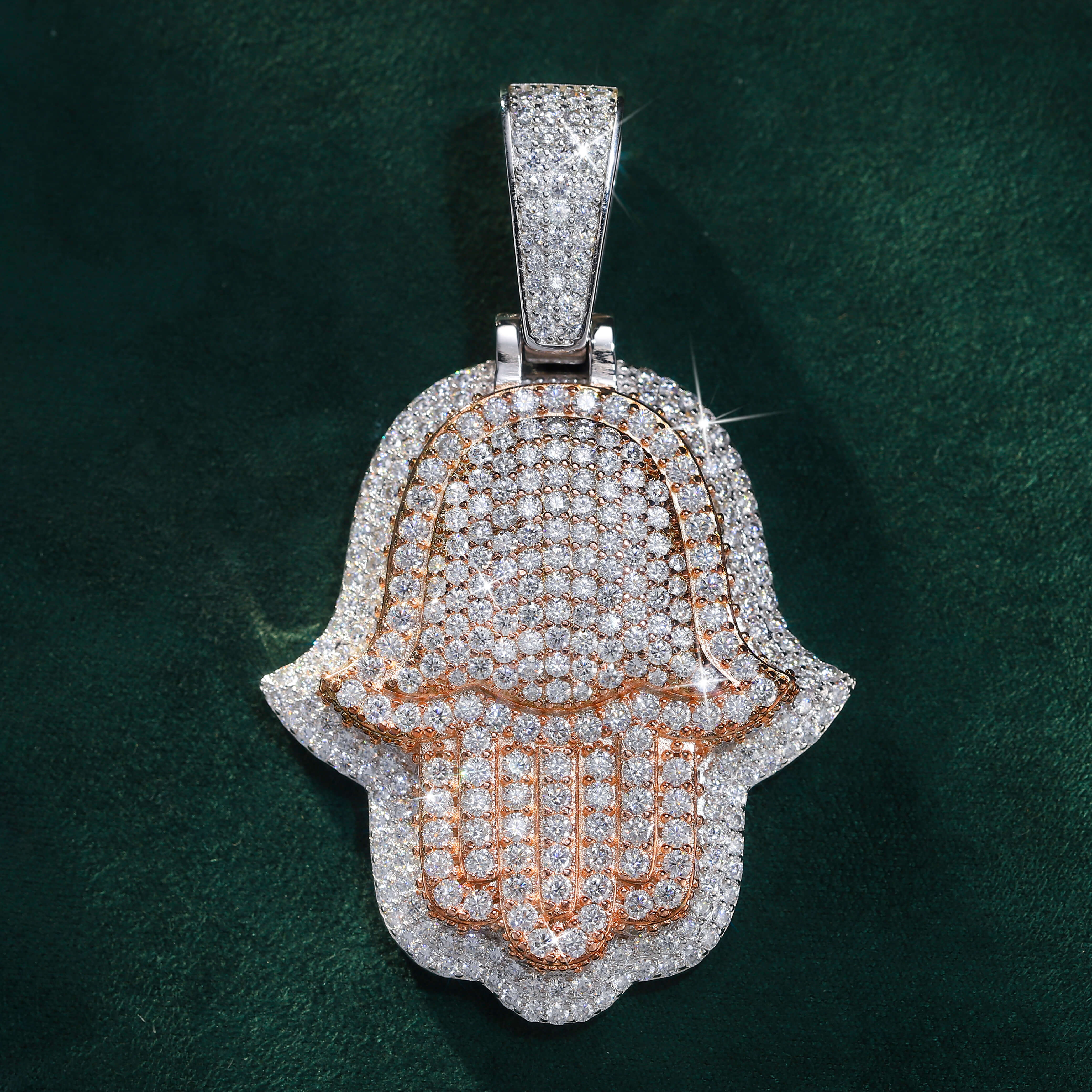 Two-Tone Moissanite Hamsa Hand Pendant – Rose & White Gold Iced-Out Design